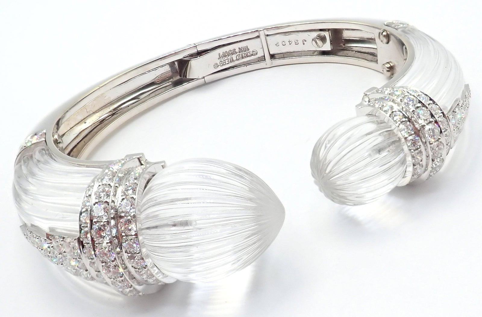 Authentic! David Webb 18k Gold & Platinum Diamond Rock Crystal Bangle Bracelet | Fortrove