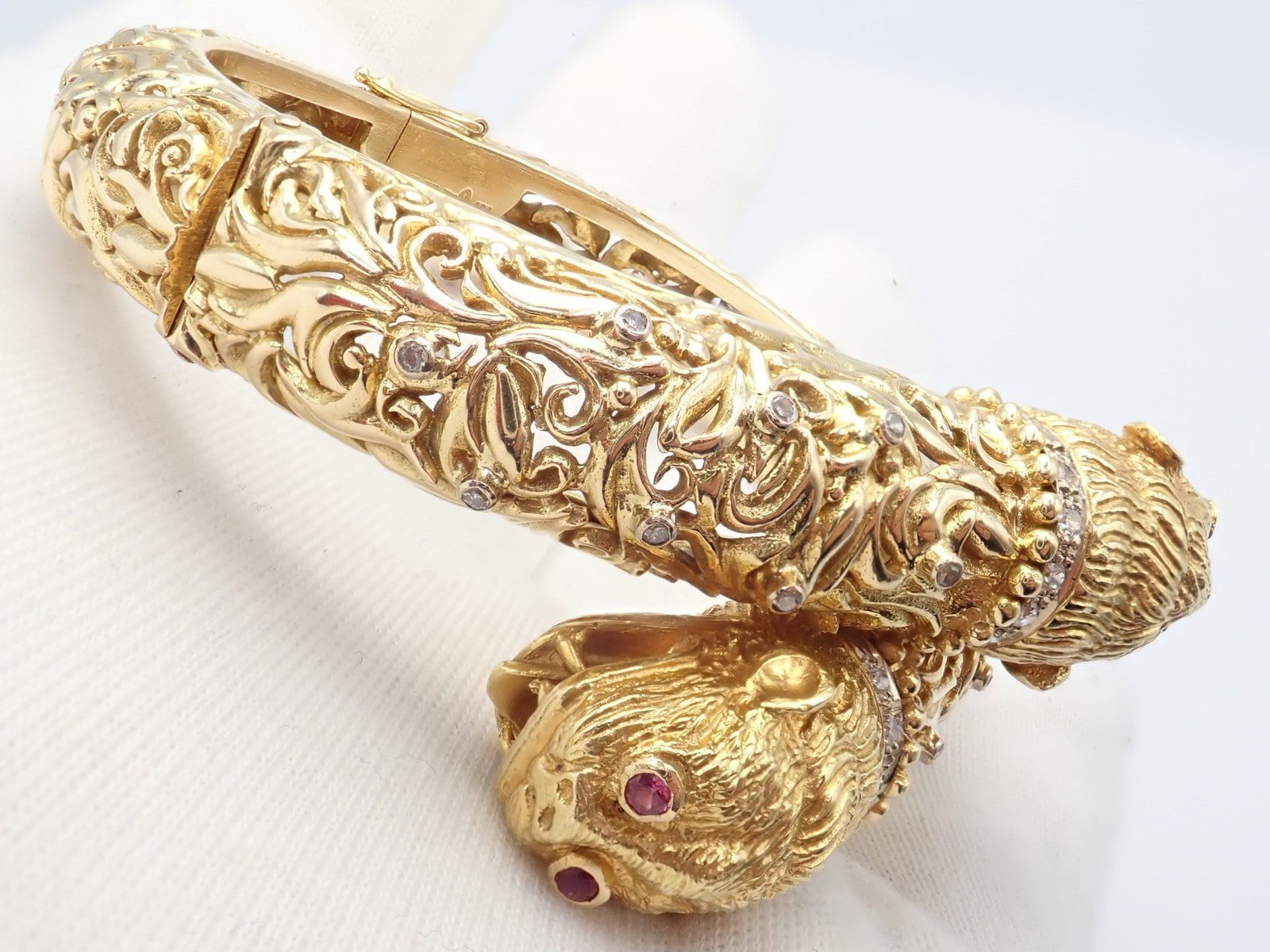 Rare Ilias Lalaounis 18k Yellow Gold Double Chimera Diamond Ruby Bangle Bracelet | Fortrove