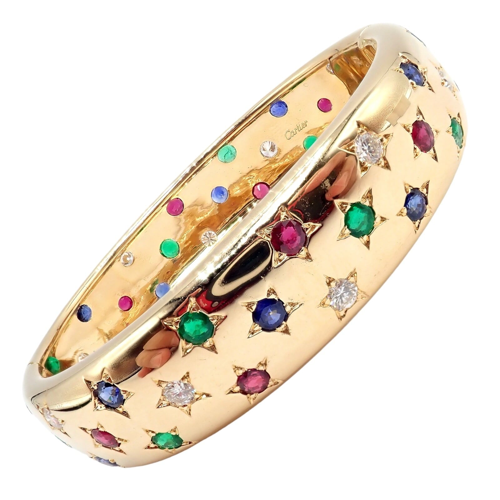 Cartier Jewelry & Watches:Fine Jewelry:Bracelets & Charms Cartier Star 18k Yellow Gold Diamond Ruby Emerald Sapphire Bangle Bracelet Cert.