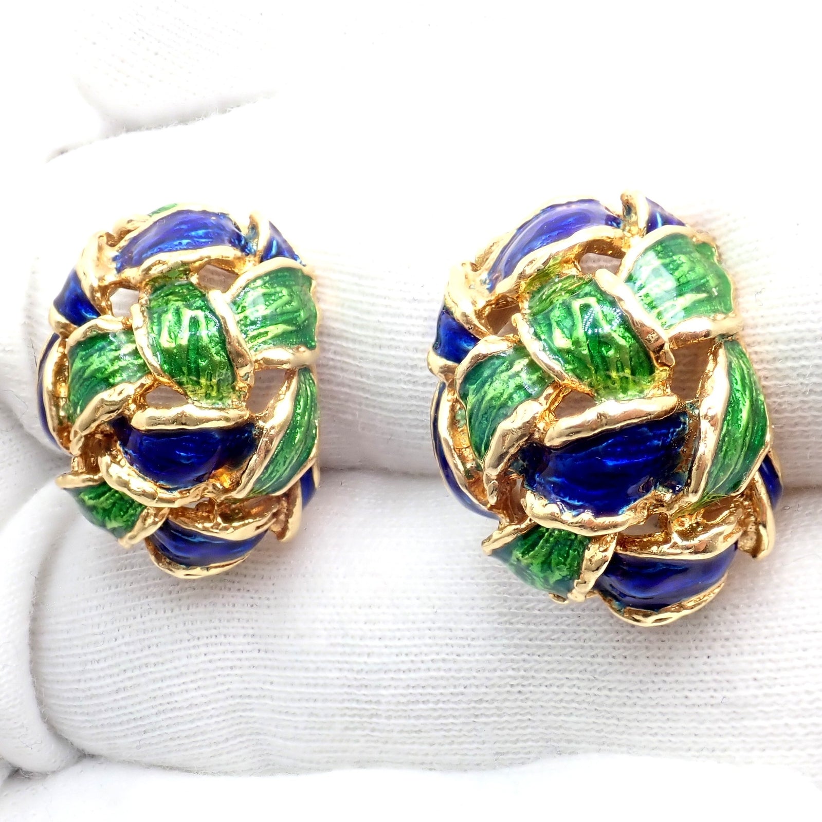 Vintage Tiffany & Co Green Blue Enamel 18k Yellow Gold Basket Weave Earrings | Fortrove