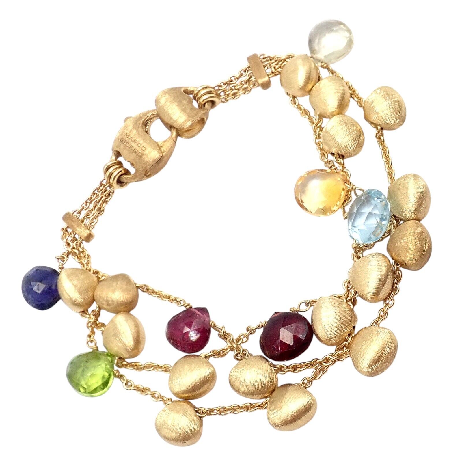 Authentic! Marco Bicego 18k Yellow Gold Paradise Multicolor Gems 3 Row Bracelet | Fortrove