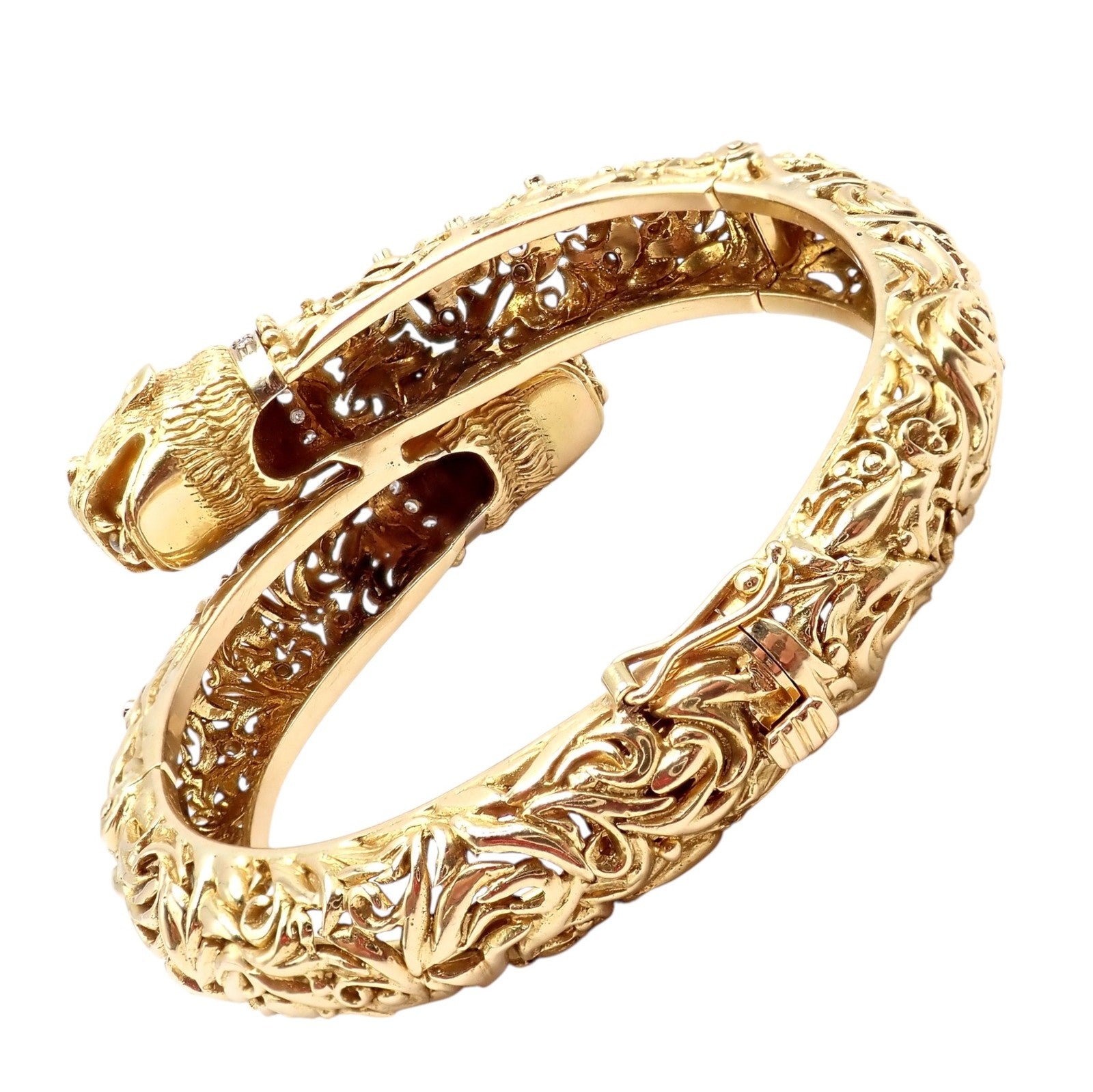 Rare Ilias Lalaounis 18k Yellow Gold Double Chimera Diamond Ruby Bangle Bracelet | Fortrove
