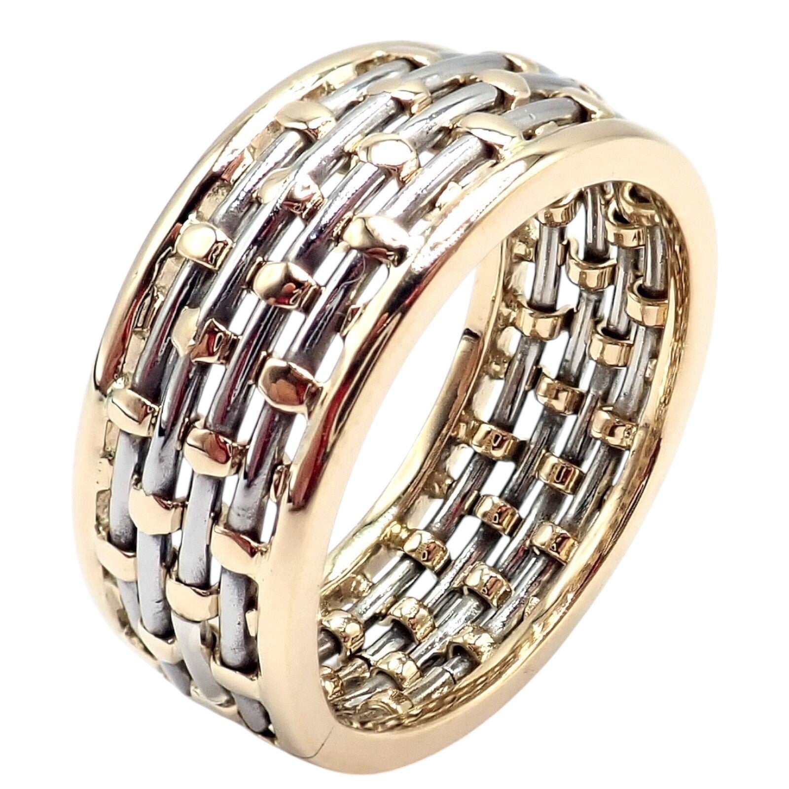 Authentic! Cartier 18k Yellow Gold + SS Basket Weave Ring + Earrings Set | Fortrove