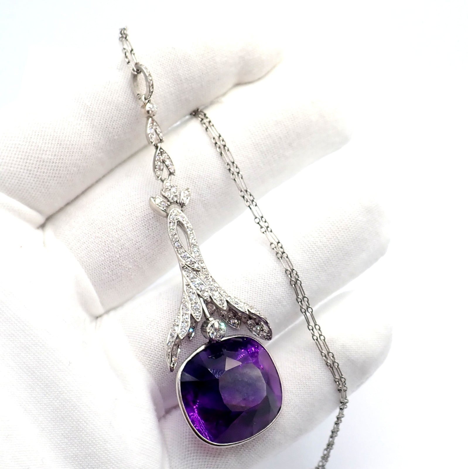 Estate Jewelry & Watches:Fine Jewelry:Necklaces & Pendants Vintage Estate Platinum Diamond Large Amethyst Art Deco Necklace