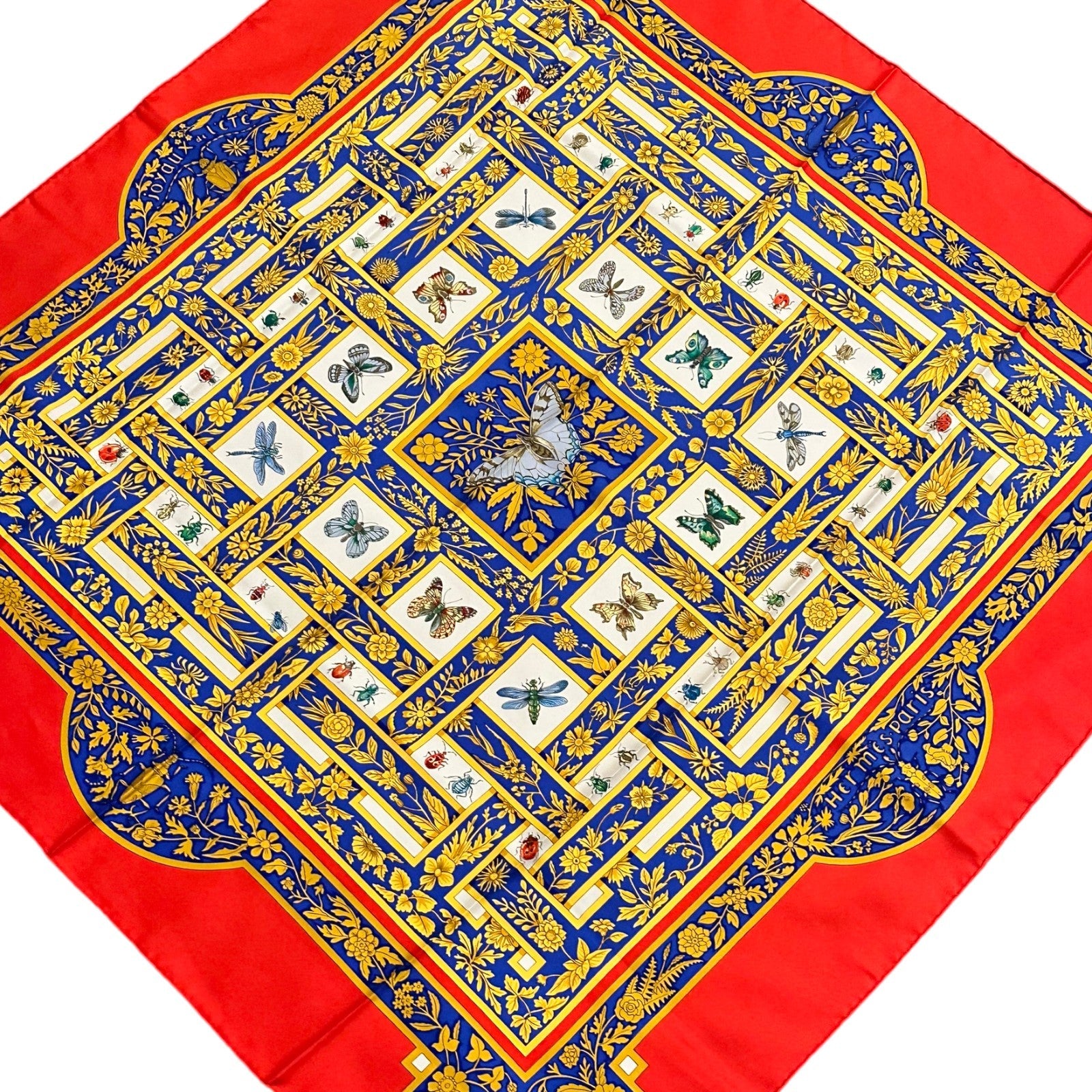 Hermes Carre Joyaux de L'ete Jacquelot 90cm Red Blue Insect Silk Scarf | Fortrove