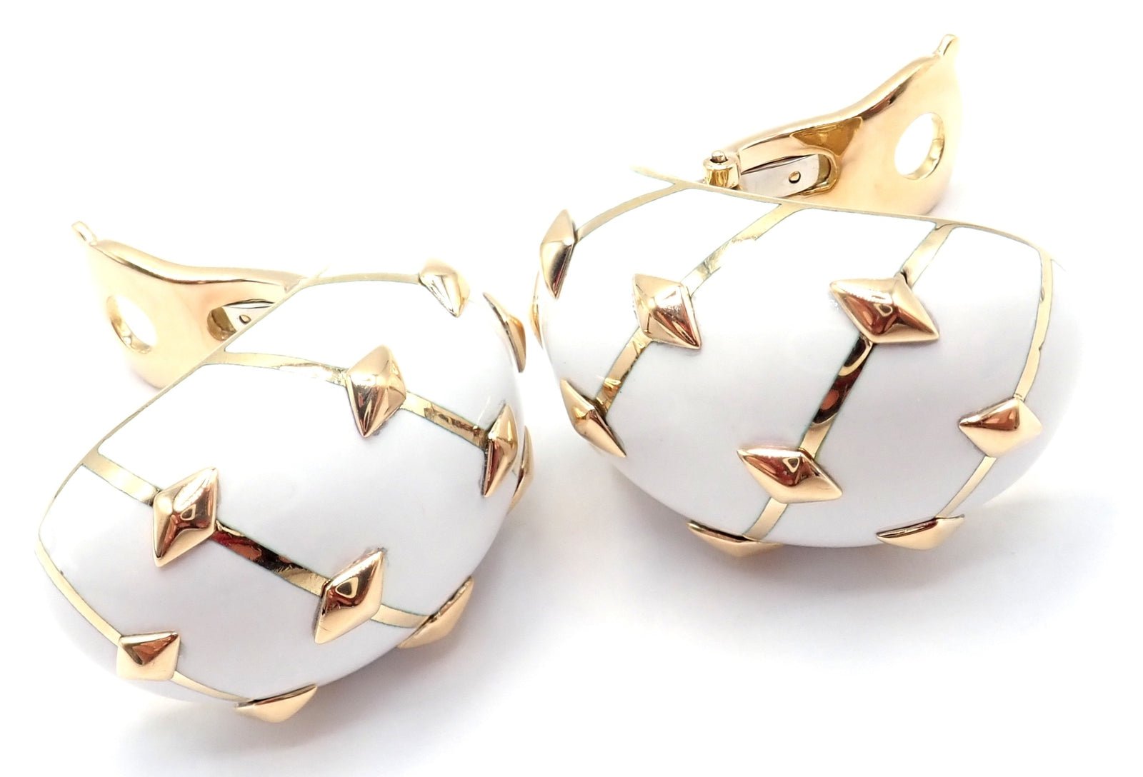 Tiffany & Co Schlumberger Dot Losange 18k Yellow Gold White Enamel Hoop Earrings | Fortrove