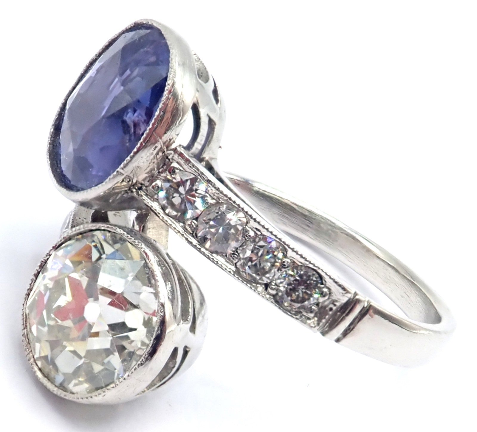 Estate Jewelry & Watches:Vintage & Antique Jewelry:Rings Vintage Estate Platinum Diamond Sapphire Art Deco Crossover Ring