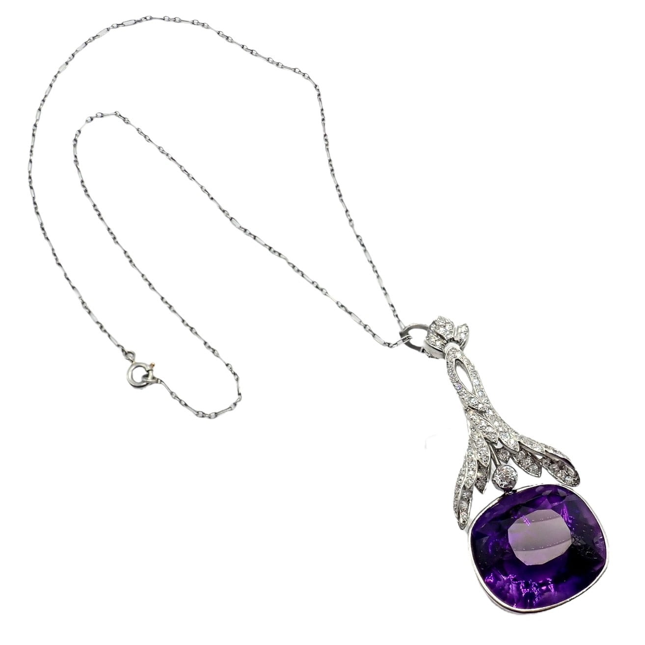 Estate Jewelry & Watches:Fine Jewelry:Necklaces & Pendants Vintage Estate Platinum Diamond Large Amethyst Art Deco Necklace