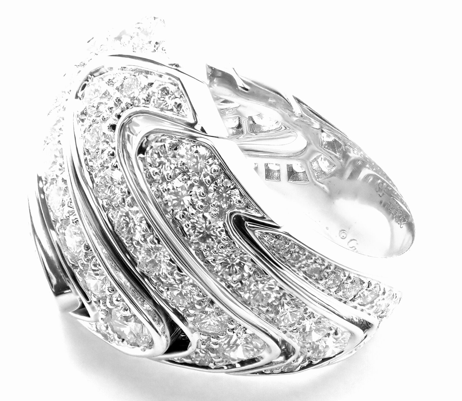 Rare! Authentic Cartier 18k White Gold Diamond Waves Large Ring | Fortrove