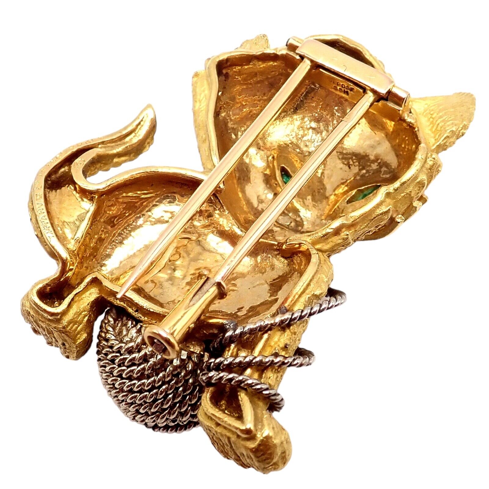 Vintage! Tiffany & Co. France 20k Yellow Gold Ruby Emerald Cat Yarn Pin Brooch | Fortrove