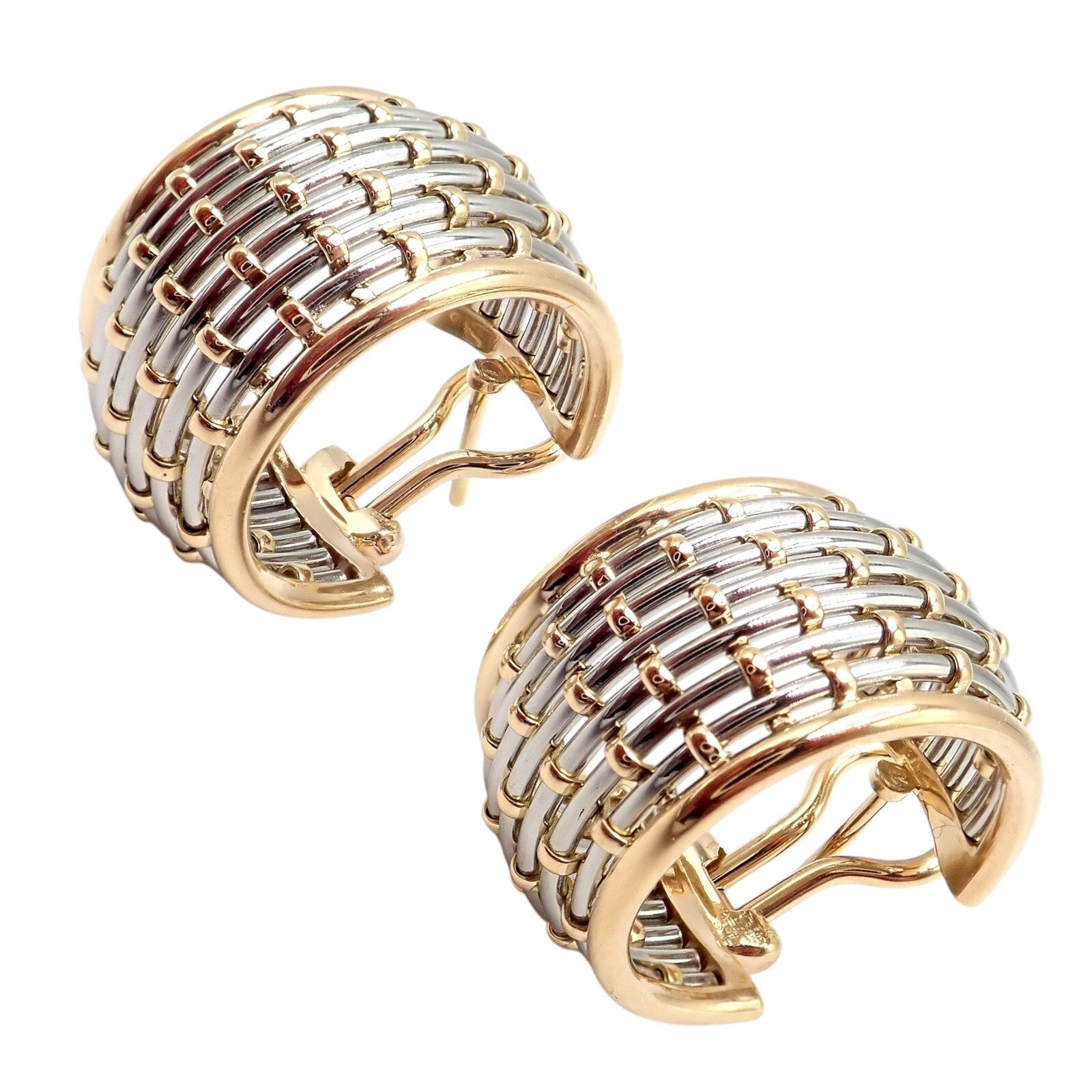 Authentic! Cartier 18k Yellow Gold + SS Basket Weave Ring + Earrings Set | Fortrove