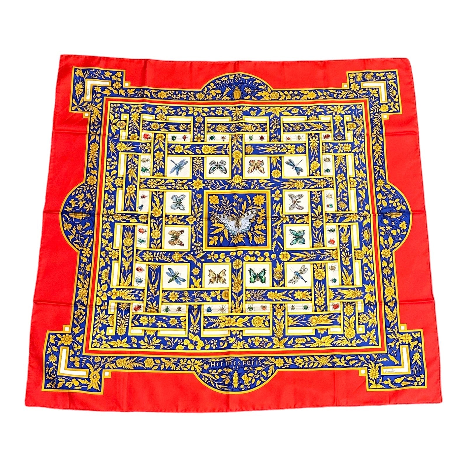 Hermes Carre Joyaux de L'ete Jacquelot 90cm Red Blue Insect Silk Scarf | Fortrove