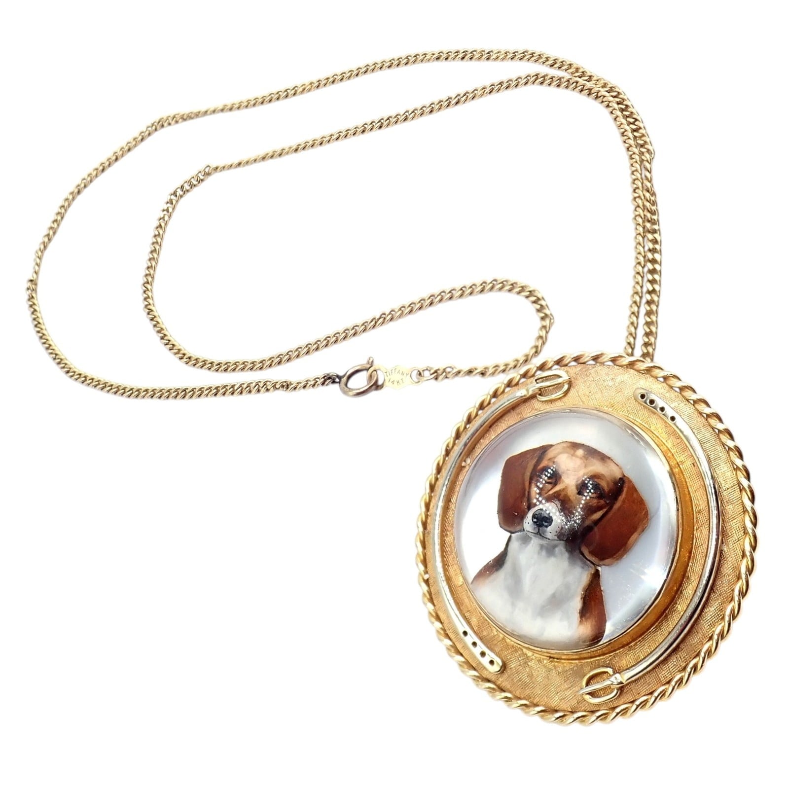 Vintage! Tiffany 14k Yellow Gold Essex Reverse Intaglio Dog Necklace Brooch | Fortrove