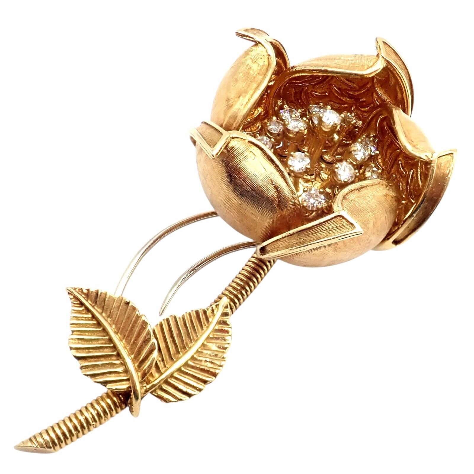 Hammerman Brothers 18k Yellow Gold Diamond Rose Flower Night & Day Brooch Pin | Fortrove