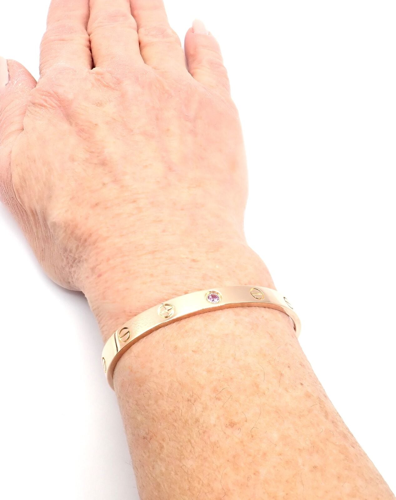Authentic! Cartier 18k Rose Gold Pink Sapphire Love Cuff Open Bracelet Size 16 | Fortrove