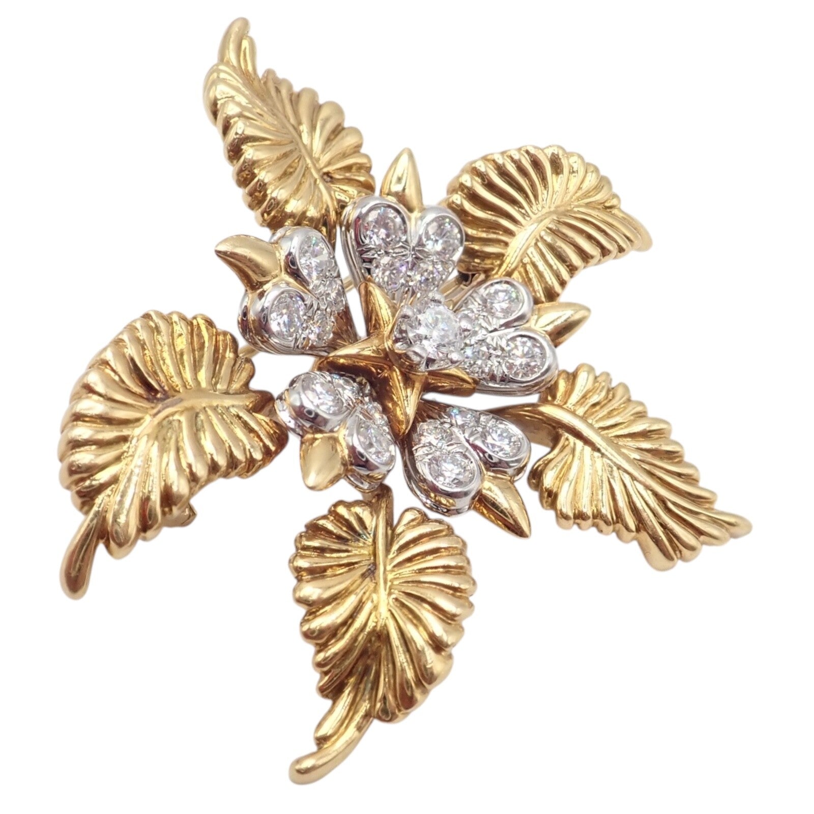 Tiffany & Co Schlumberger 18k Yellow Gold Platinum Diamond 5 Leaf Pin Brooch | Fortrove