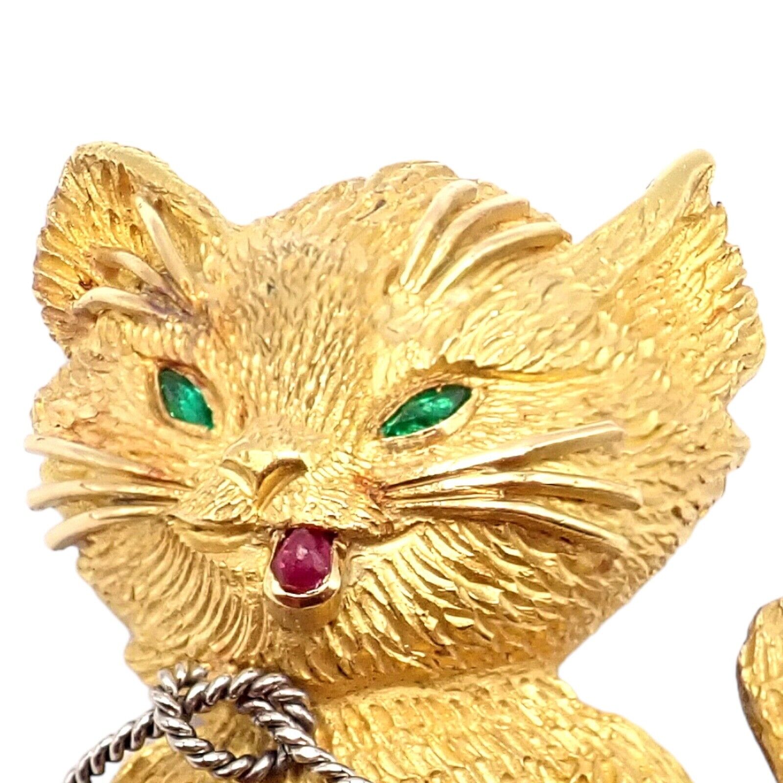 Vintage! Tiffany & Co. France 20k Yellow Gold Ruby Emerald Cat Yarn Pin Brooch | Fortrove