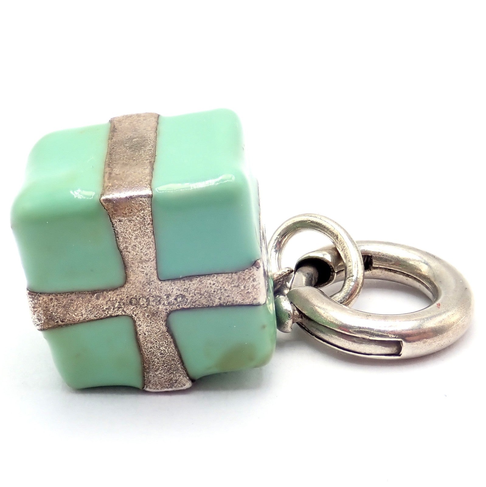 Vintage! Tiffany & Co. Enamel Gift Box Silver Charm Pendant + Spring Ring Clasp | Fortrove