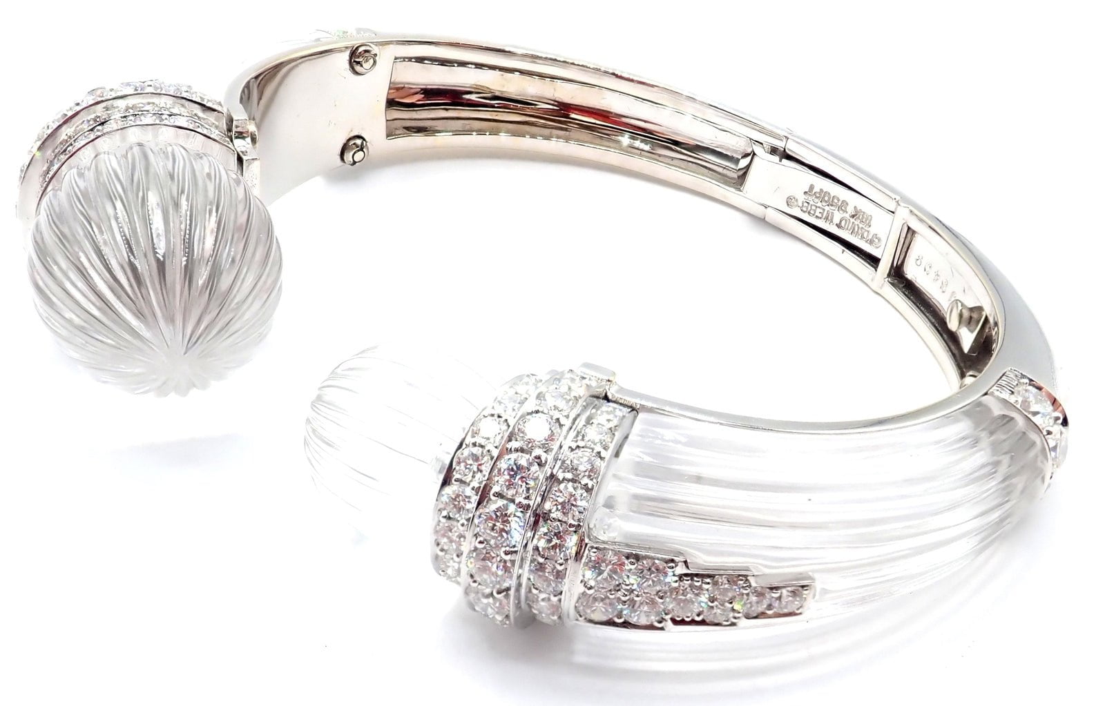 Authentic! David Webb 18k Gold & Platinum Diamond Rock Crystal Bangle Bracelet | Fortrove