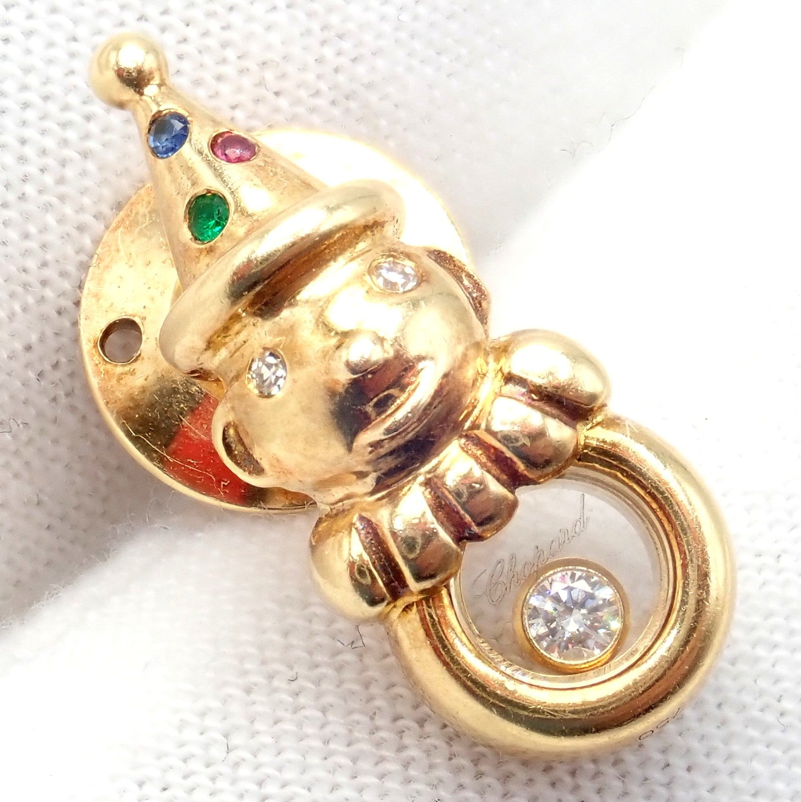 Authentic! Chopard 18k Yellow Gold Clown Happy Diamond Ruby Sapphire Pin Brooch | Fortrove