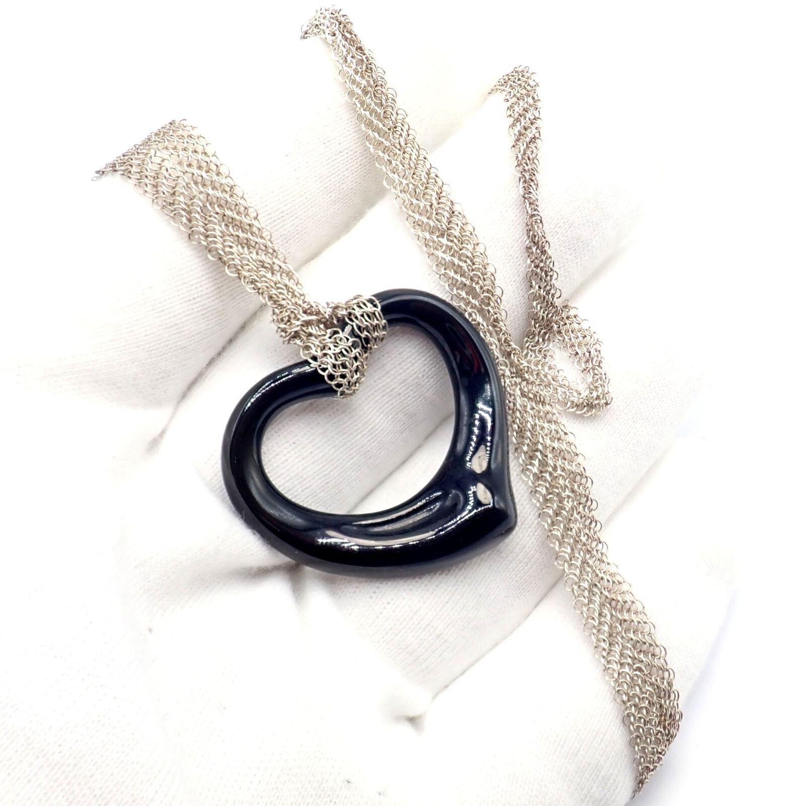 Tiffany & Co Silver Peretti 35mm Large Open Onyx Heart Pendant 28" Mesh Necklace | Fortrove