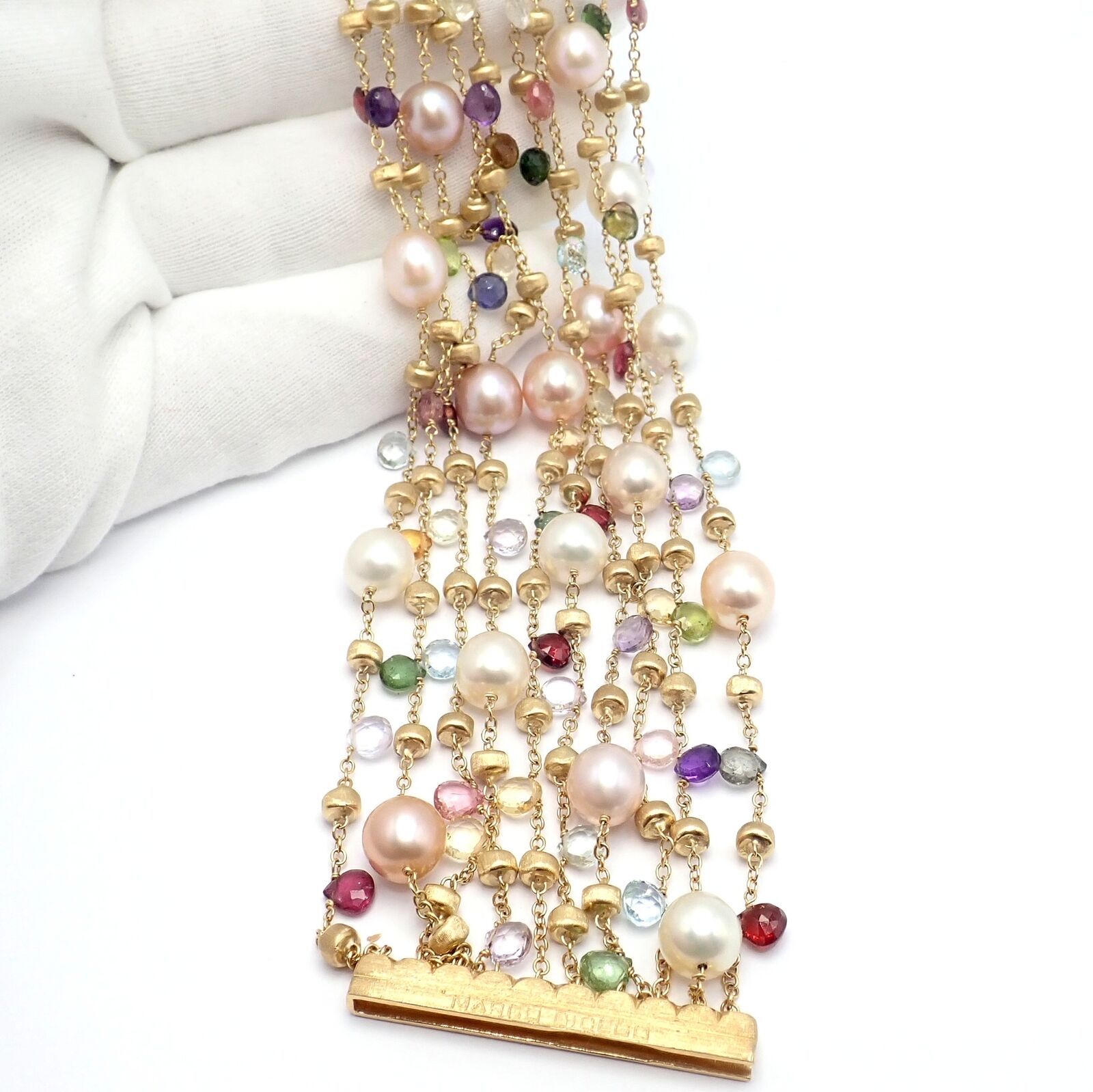 Marco Bicego 18k Yellow Gold Ten Stand Pearl Multicolor Stones Paradise Bracelet | Fortrove