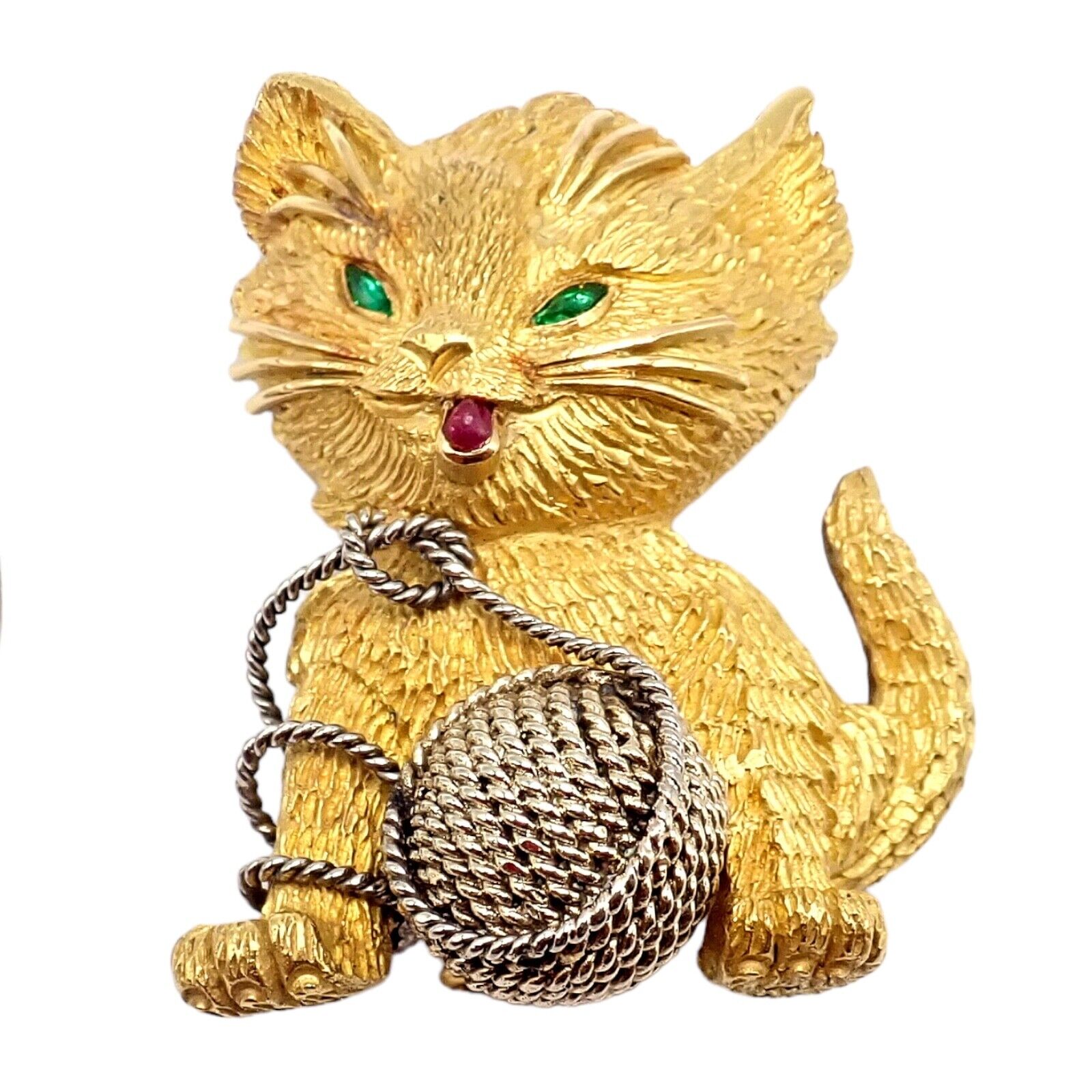 Vintage! Tiffany & Co. France 20k Yellow Gold Ruby Emerald Cat Yarn Pin Brooch | Fortrove