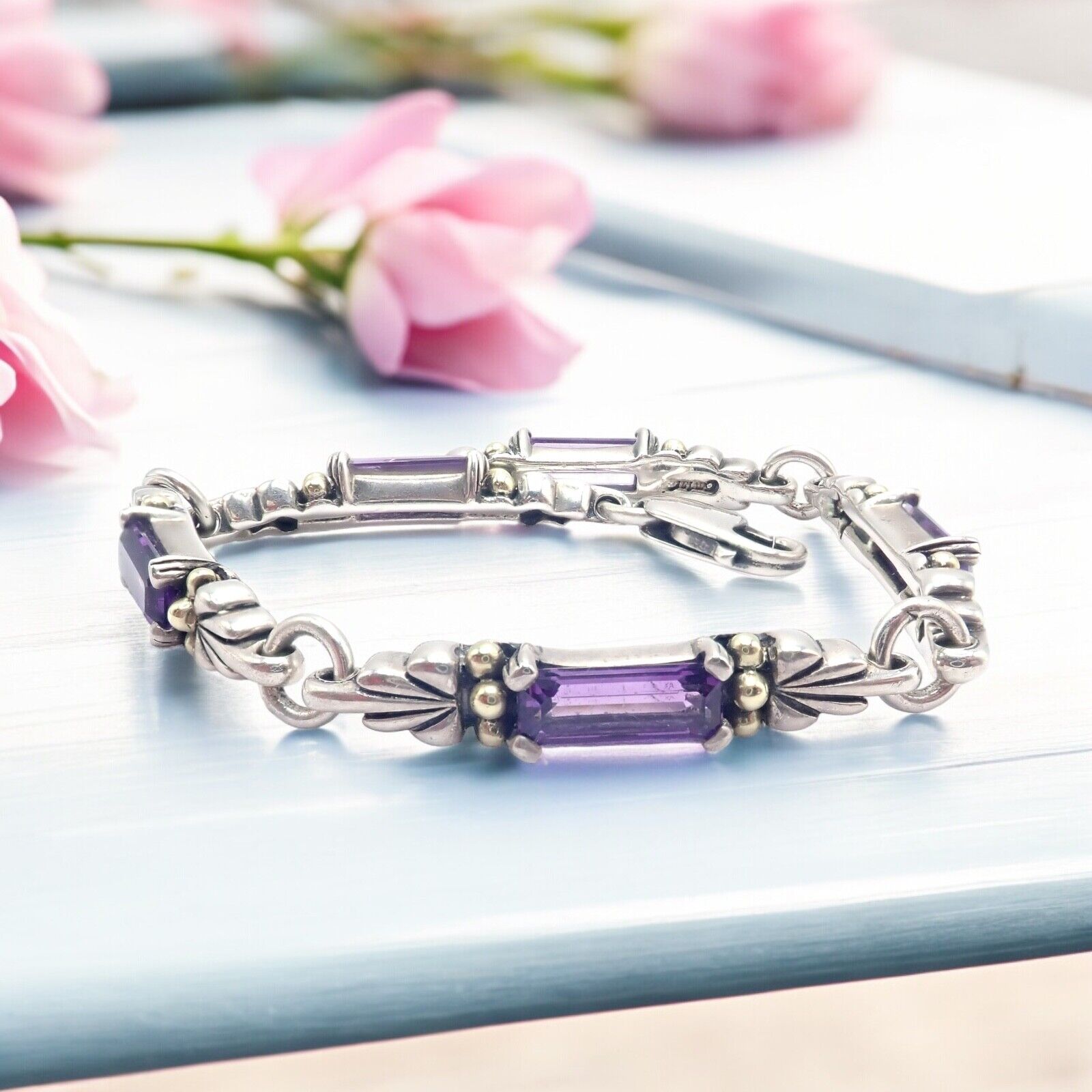 Authentic! Lagos Caviar Silver + 18k Yellow Gold Amethyst Bracelet | Fortrove