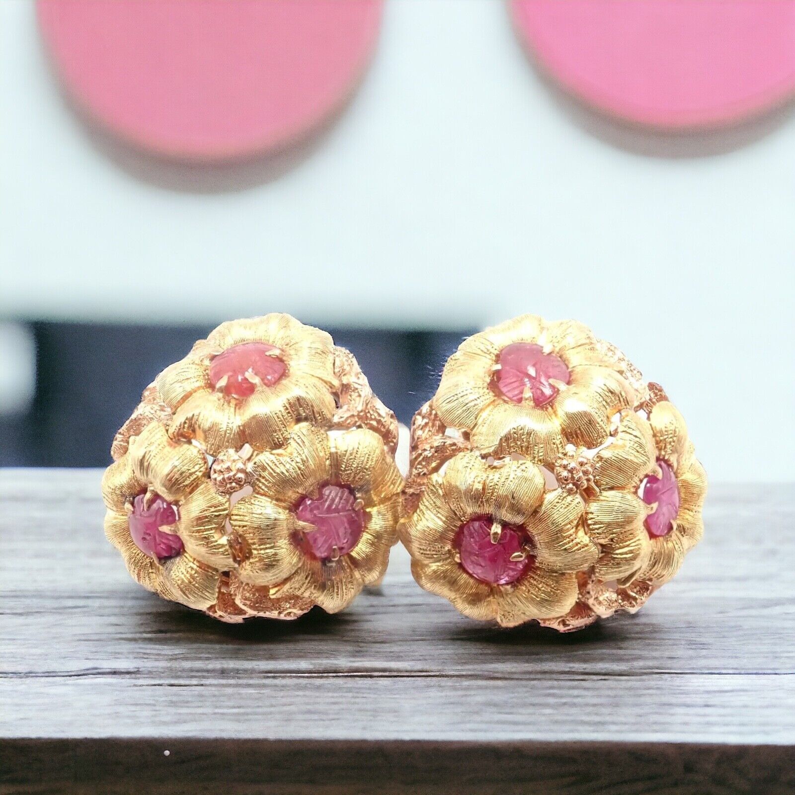Authentic! Vintage Buccellati 18k Yellow Gold Carved Ruby Flower Earrings | Fortrove