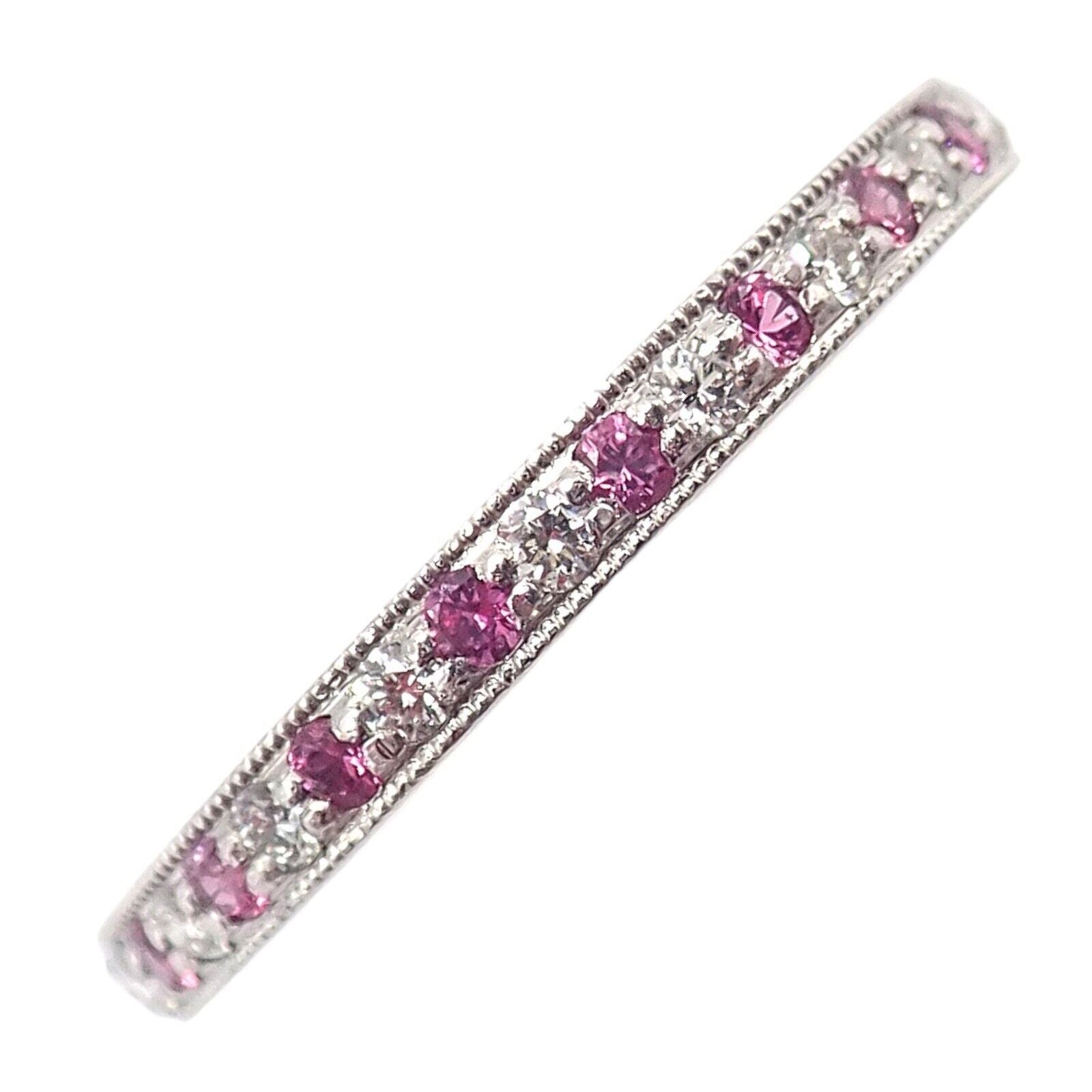 Tiffany & Co Platinum Diamond Pink Sapphire Milgrain 2.5mm Band Ring sz 5.75 | Fortrove