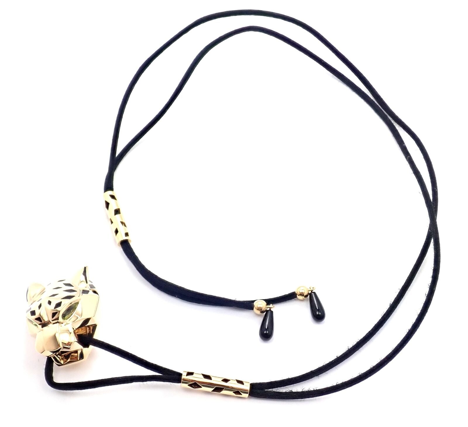 Authentic Cartier Panther Panthere 18k Yellow Gold Peridot Lacquer Cord Necklace | Fortrove