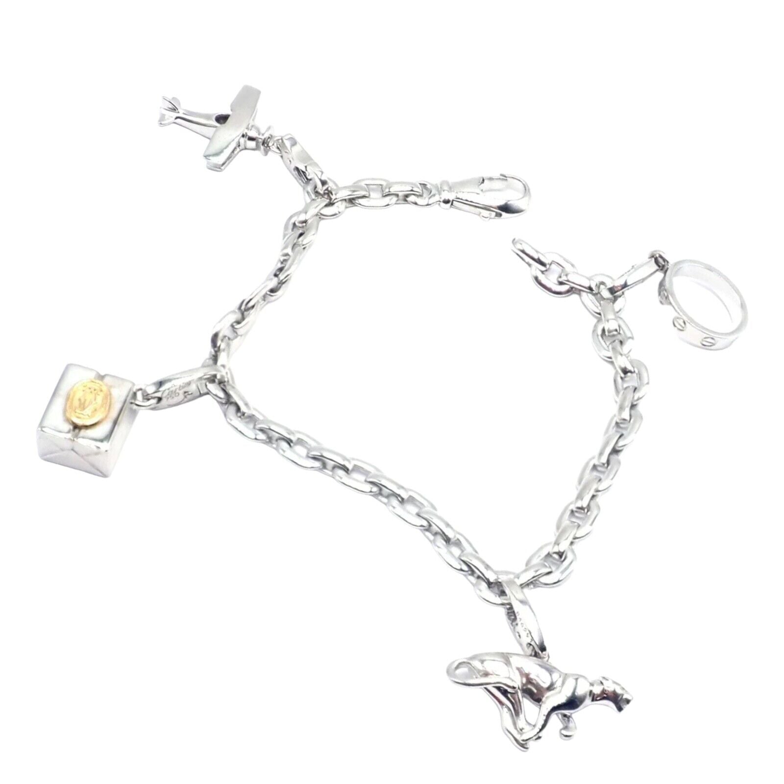 Authentic Cartier 18k White Gold 4 Charm Panther Airplane Love Box Link Bracelet | Fortrove