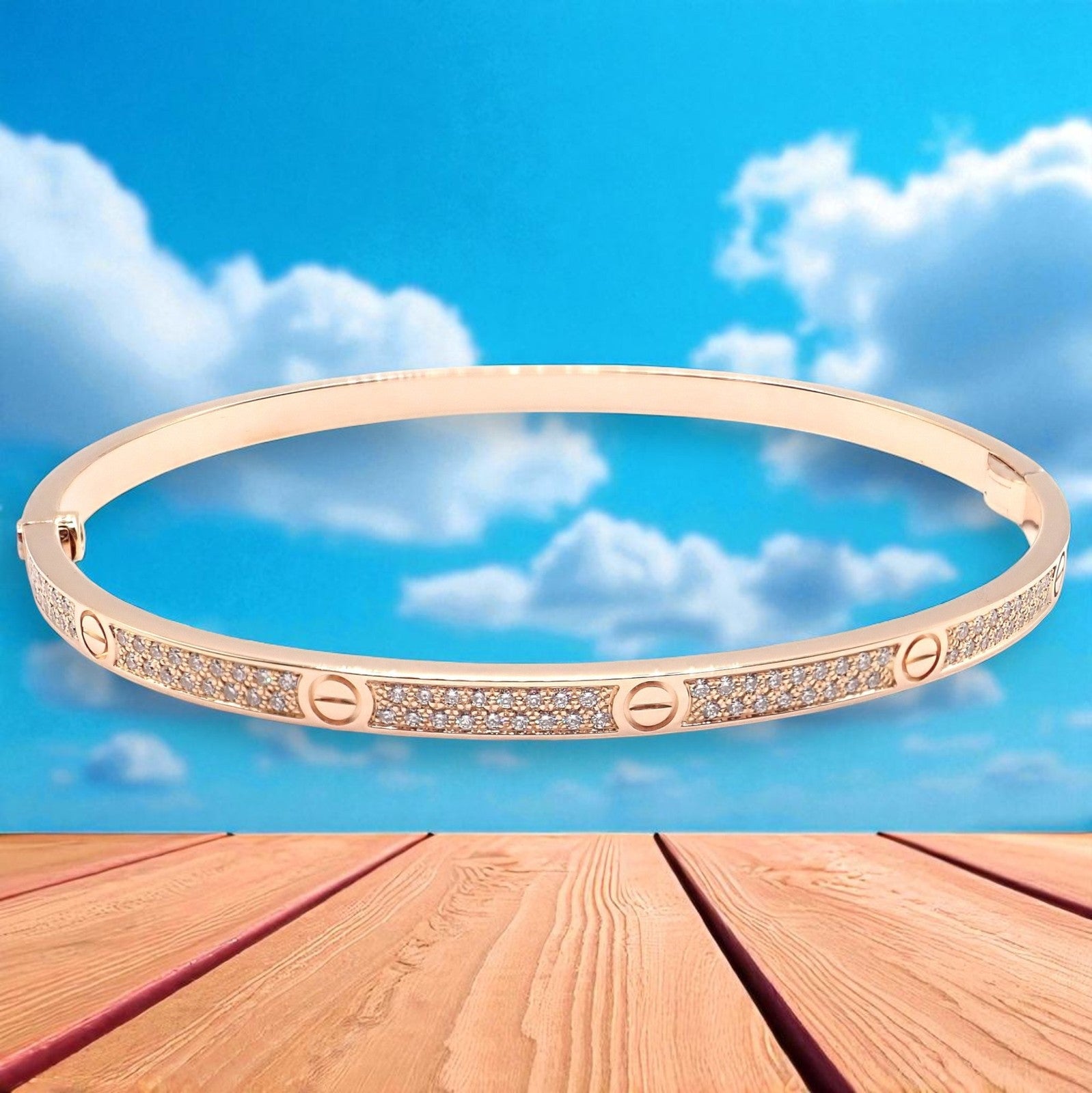 Cartier Love 18k Rose Gold Pave Diamond Thin Bangle Bracelet Sz 19 + Cert | Fortrove