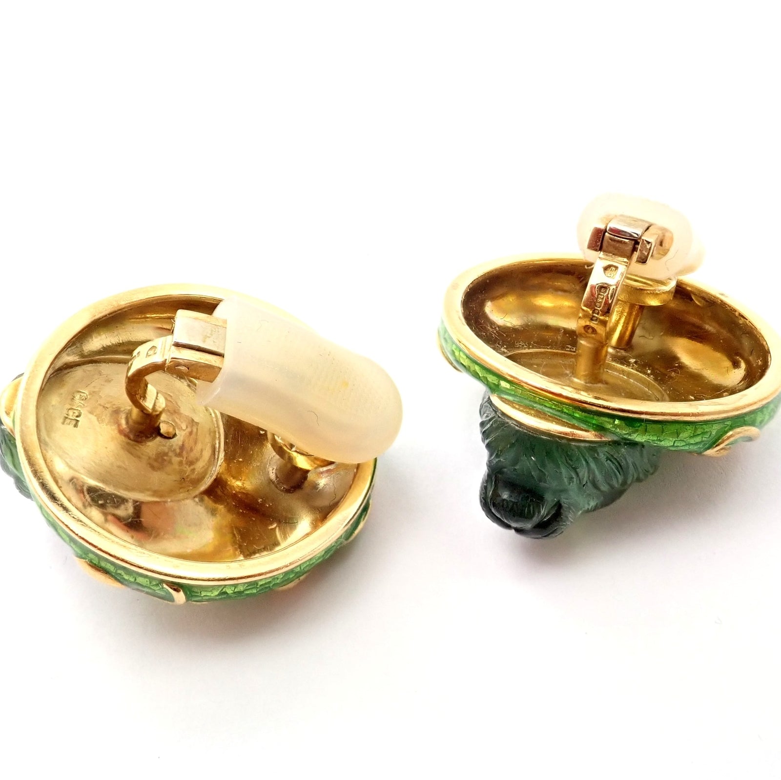 Elizabeth Gage 18k Yellow Gold Carved Green Tourmaline Enamel Lion Earrings | Fortrove
