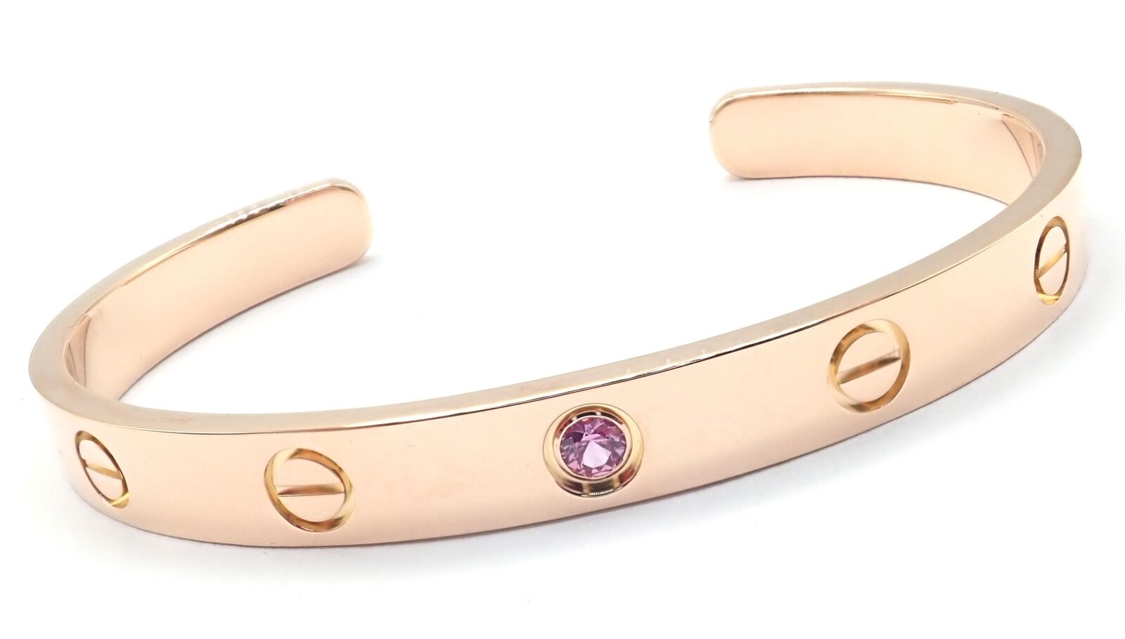 Authentic! Cartier 18k Rose Gold Pink Sapphire Love Cuff Open Bracelet Size 16 | Fortrove