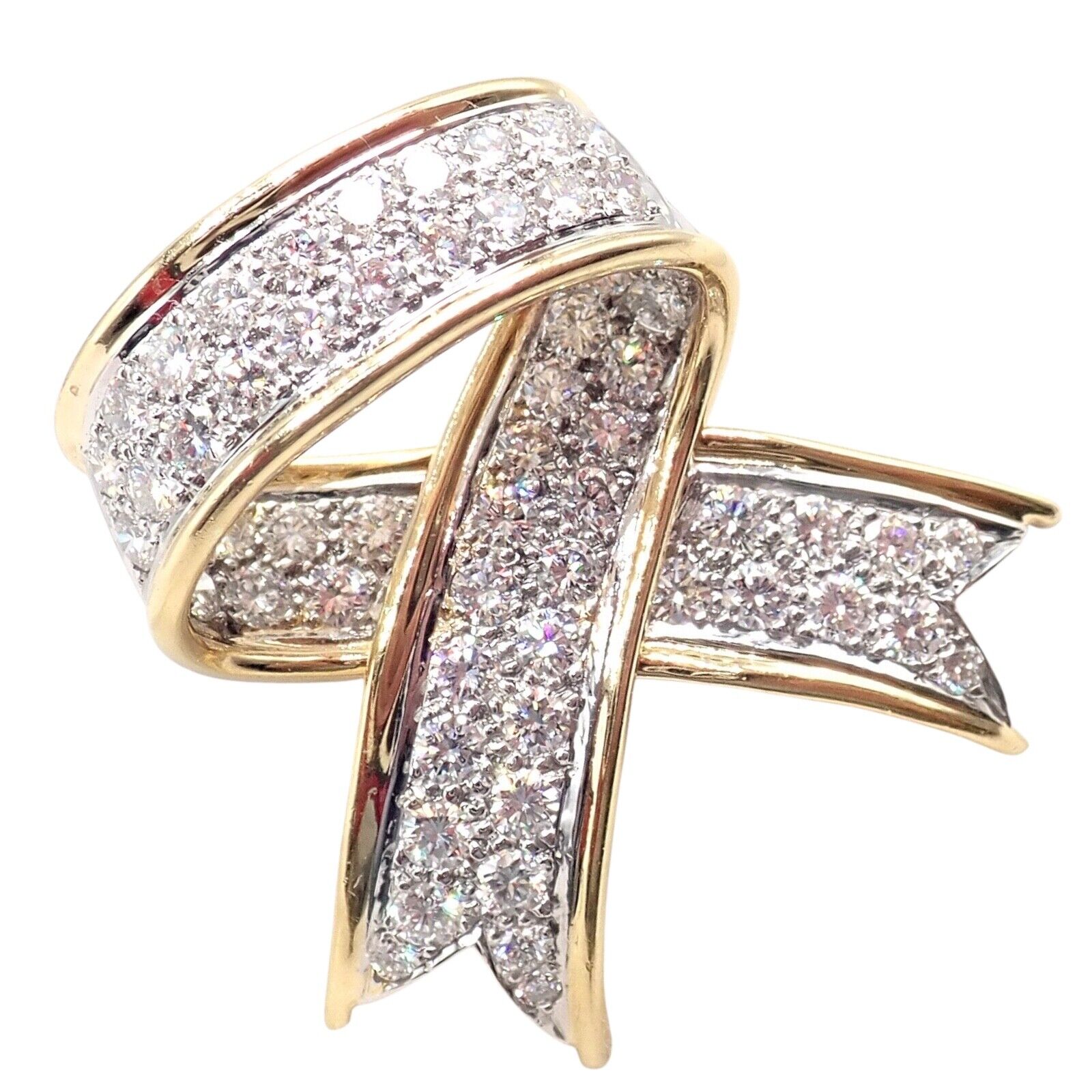 Vintage! Tiffany & Co 18k Yellow Gold Platinum Diamond Ribbon Bow Pin Brooch | Fortrove