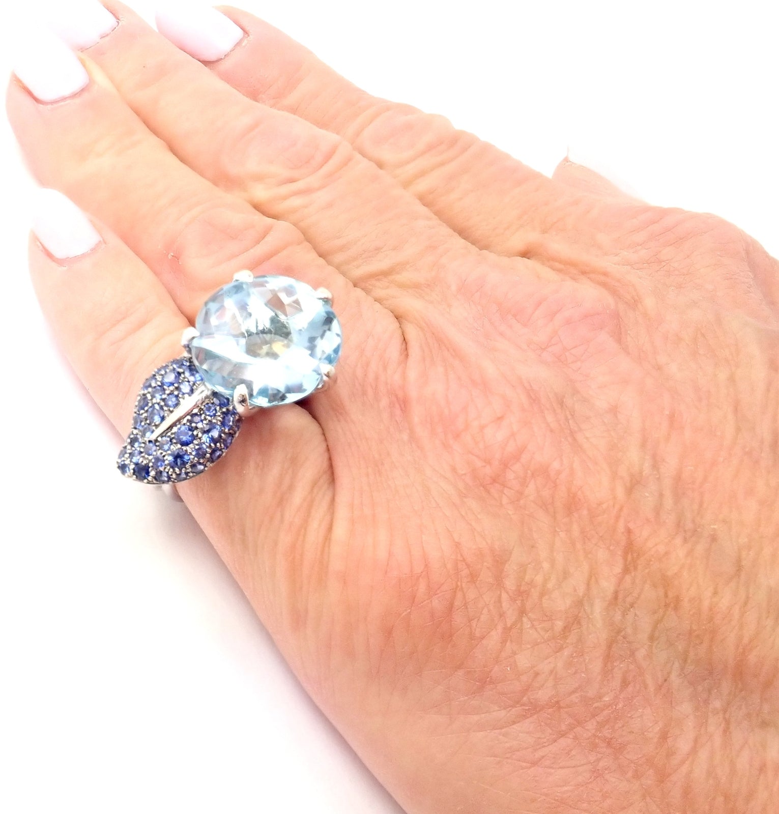 Authentic! Chanel Camellia Flower 18k White Gold Aquamarine Sapphire Ring | Fortrove