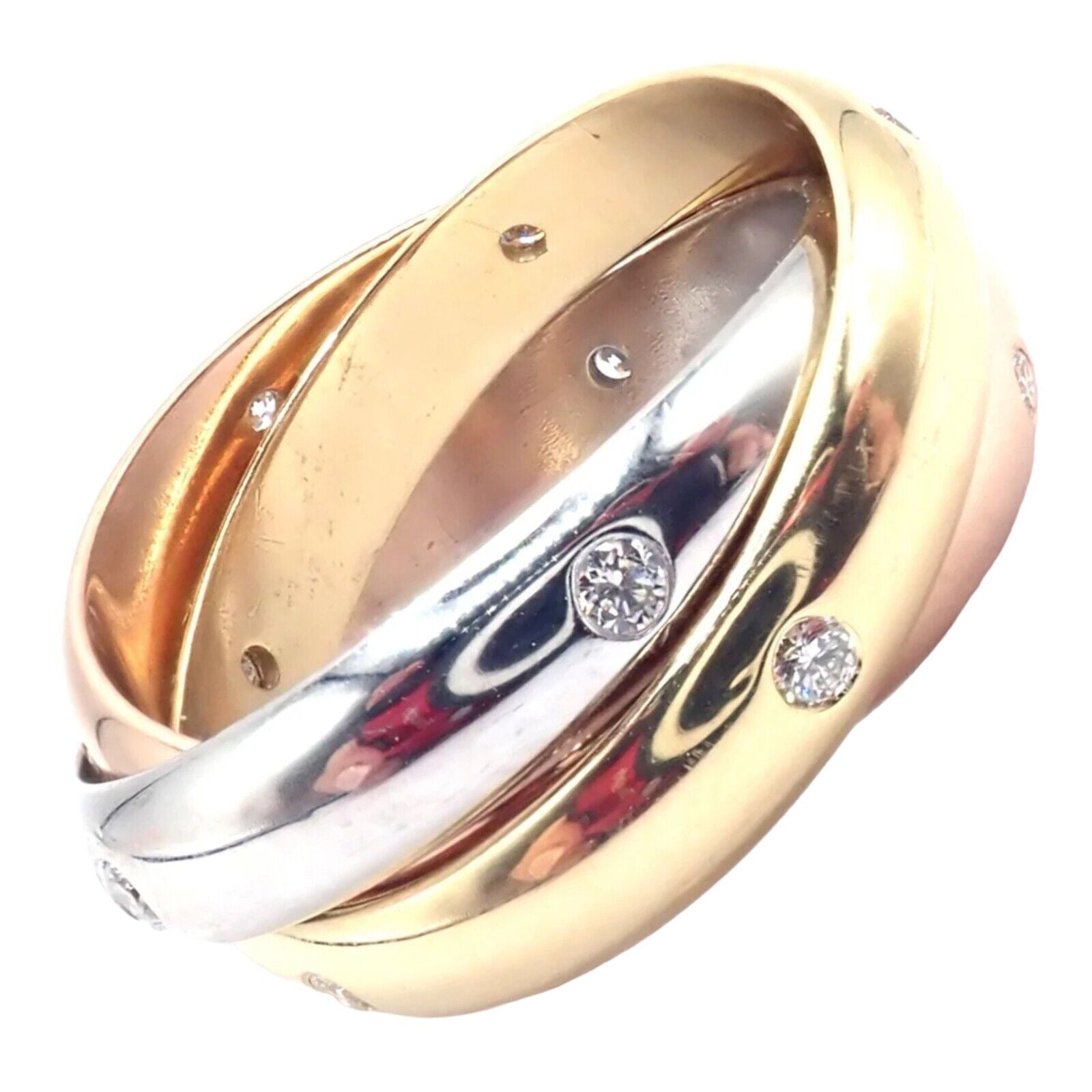 Authentic! Cartier 18k Tri-Color Gold Diamond Trinity Band Ring Size 5.75 Cert. | Fortrove