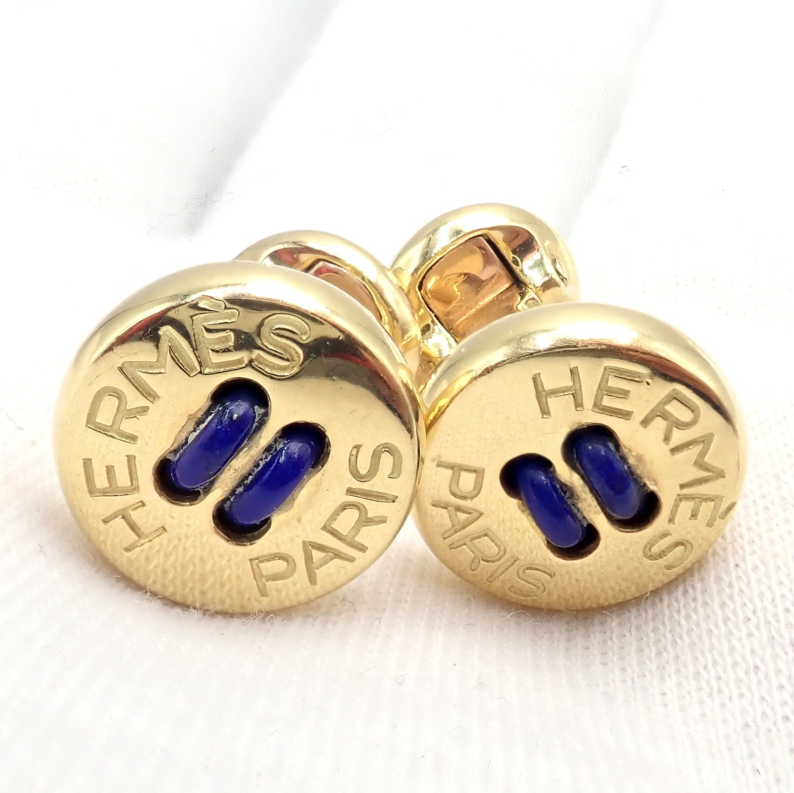 Hermes Jewelry & Watches:Men's Jewelry:Cufflinks Rare! Vintage Authentic Hermes Paris 18k Yellow Gold Mens Lapis Button Cufflinks