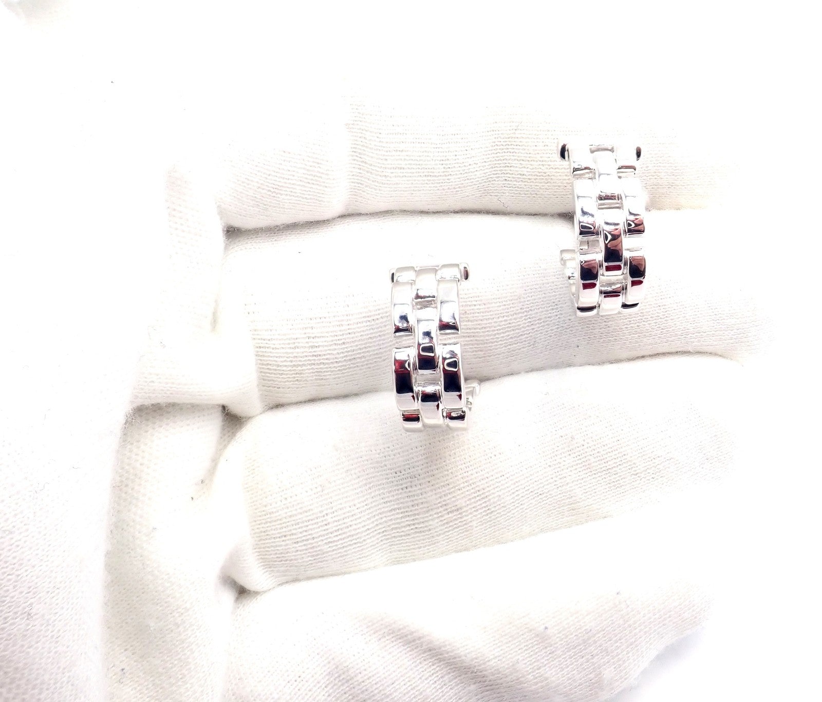 Authentic! Cartier Maillon Panthere 18K White Gold Three Row Link Hoop Earrings | Fortrove