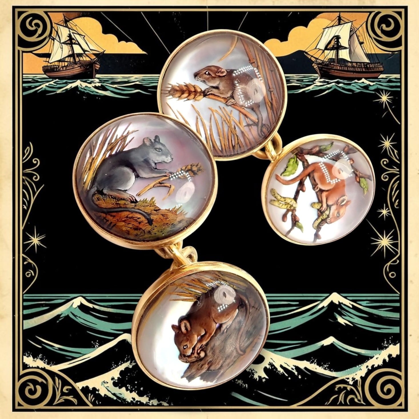 Tiffany & Co. Jewelry & Watches:Vintage & Antique Jewelry:Cufflinks Vintage! Tiffany 18k Yellow Gold Essex Reverse Intaglio Field Mice Cufflinks