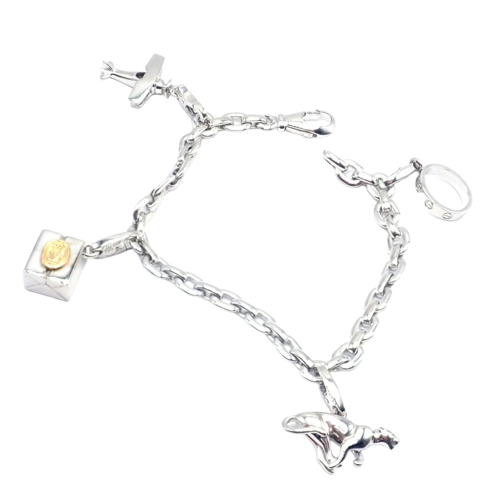 Authentic Cartier 18k White Gold 4 Charm Panther Airplane Love Box Link Bracelet | Fortrove