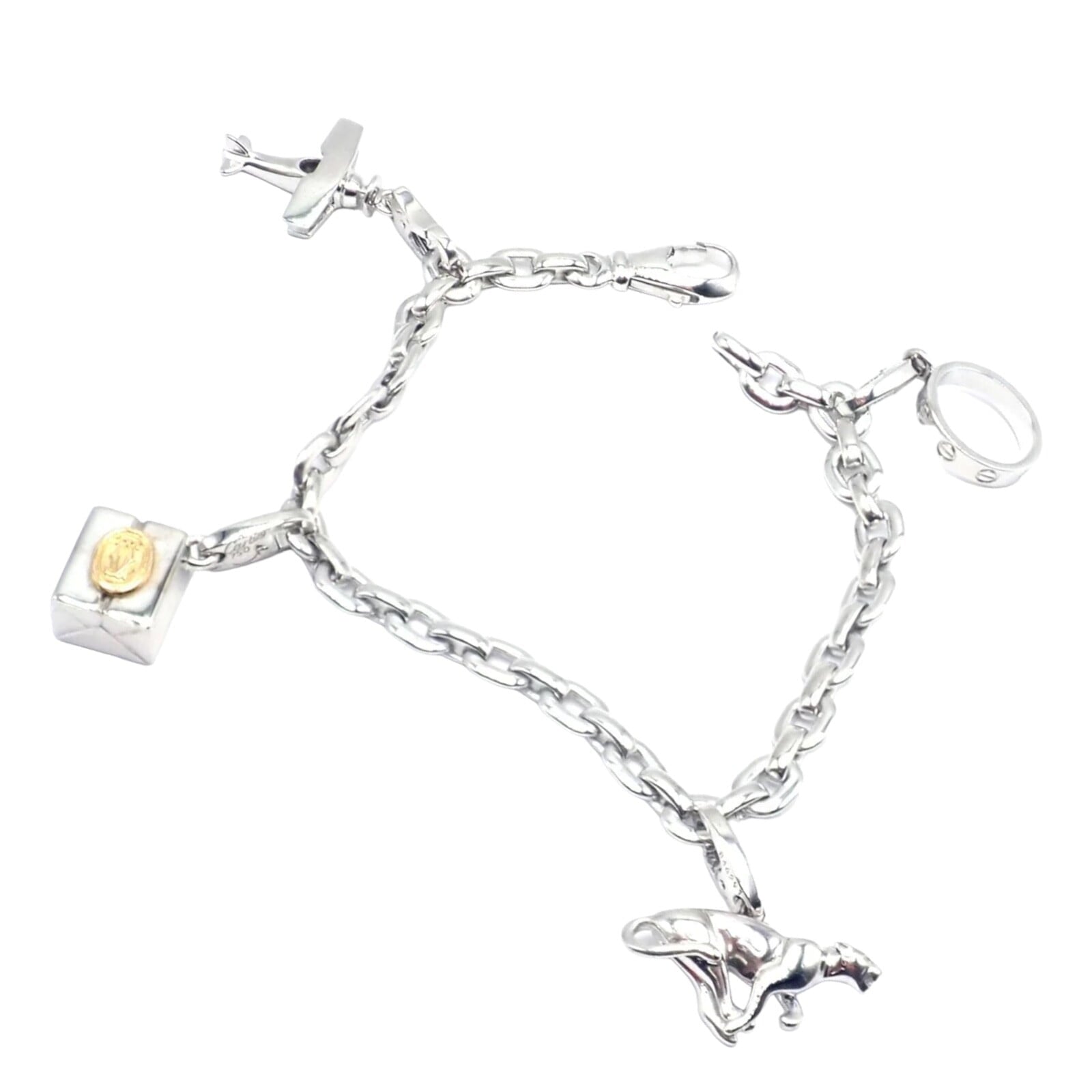 Cartier Jewelry & Watches:Fine Jewelry:Bracelets & Charms Authentic Cartier 18k White Gold 4 Charm Panther Airplane Love Box Link Bracelet