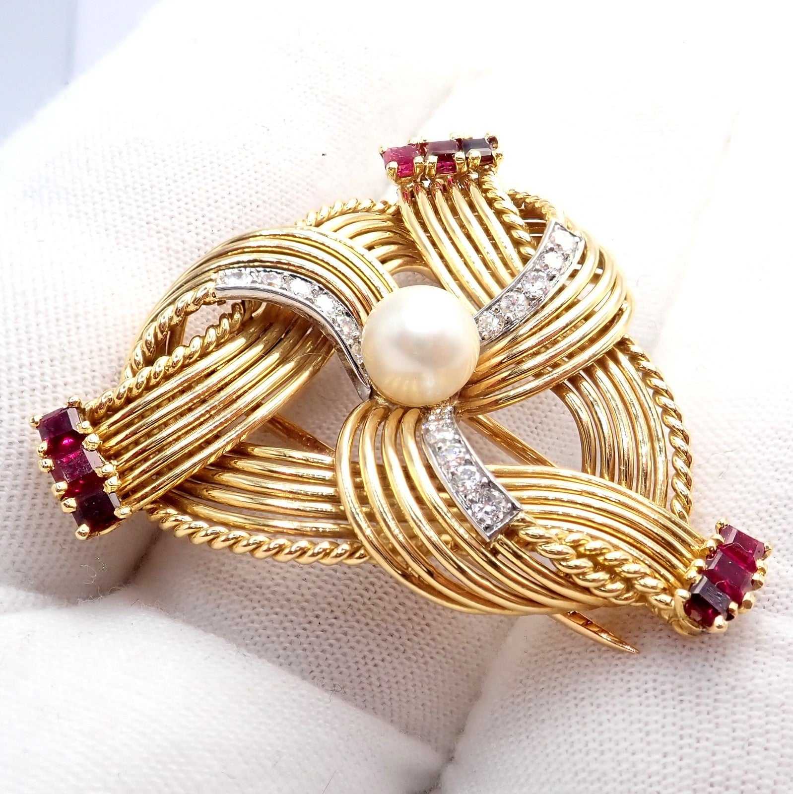 Vintage Cartier 18k Yellow Gold Diamond Ruby Pearl Pin Brooch 1960s | Fortrove
