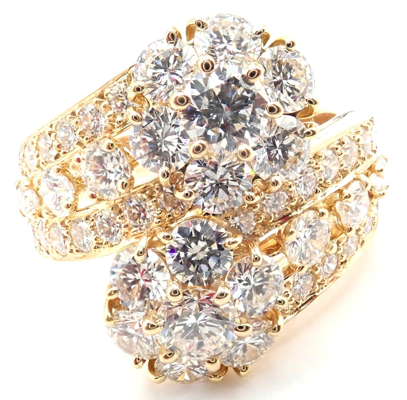 Authentic! Van Cleef & Arpels Snowflake 18k Yellow Gold Diamond Two Flower Ring | Fortrove
