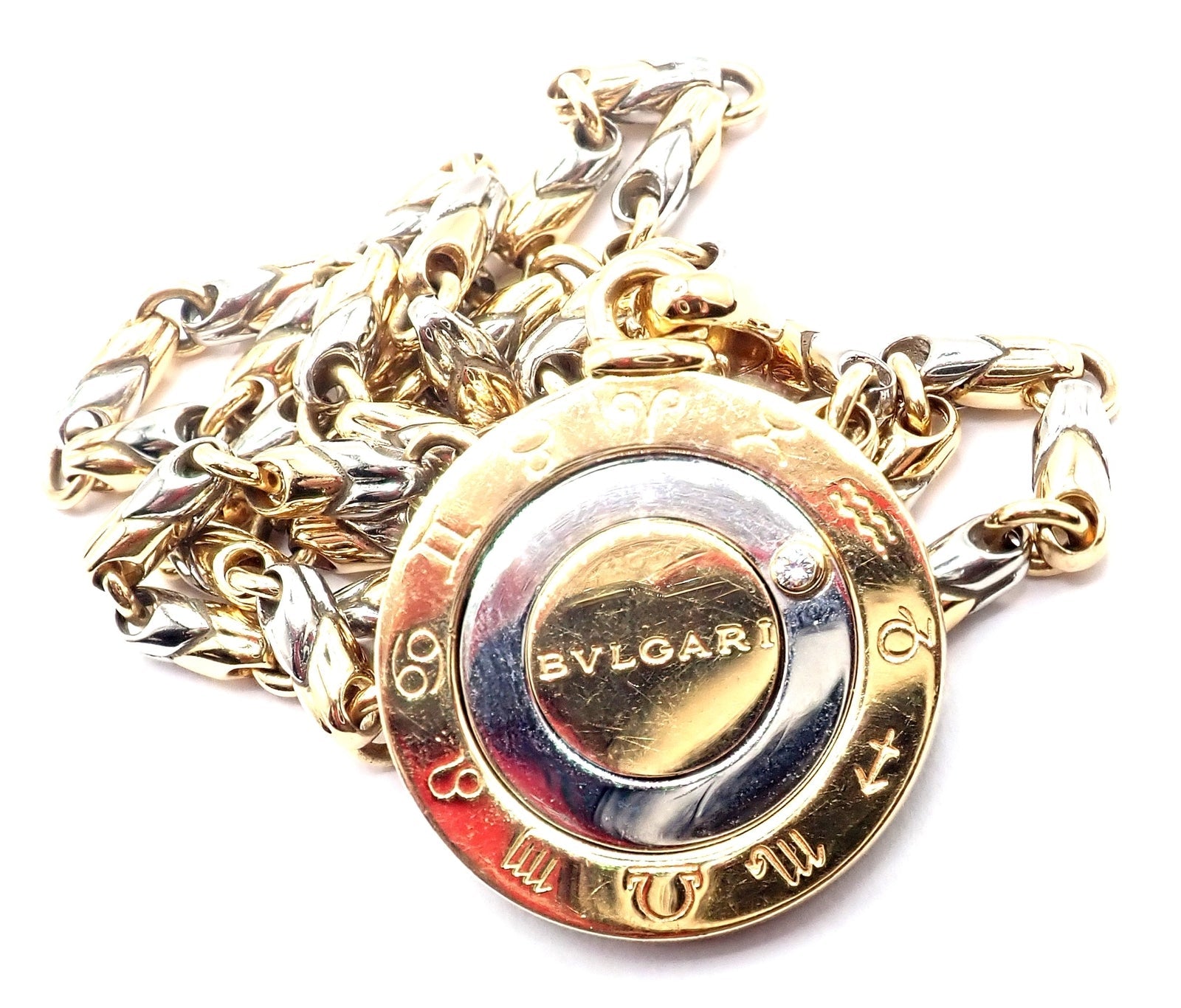 Authentic! Bulgari Bvlgari 18k Yellow Gold Steel Diamond Zodiac Pendant Necklace | Fortrove
