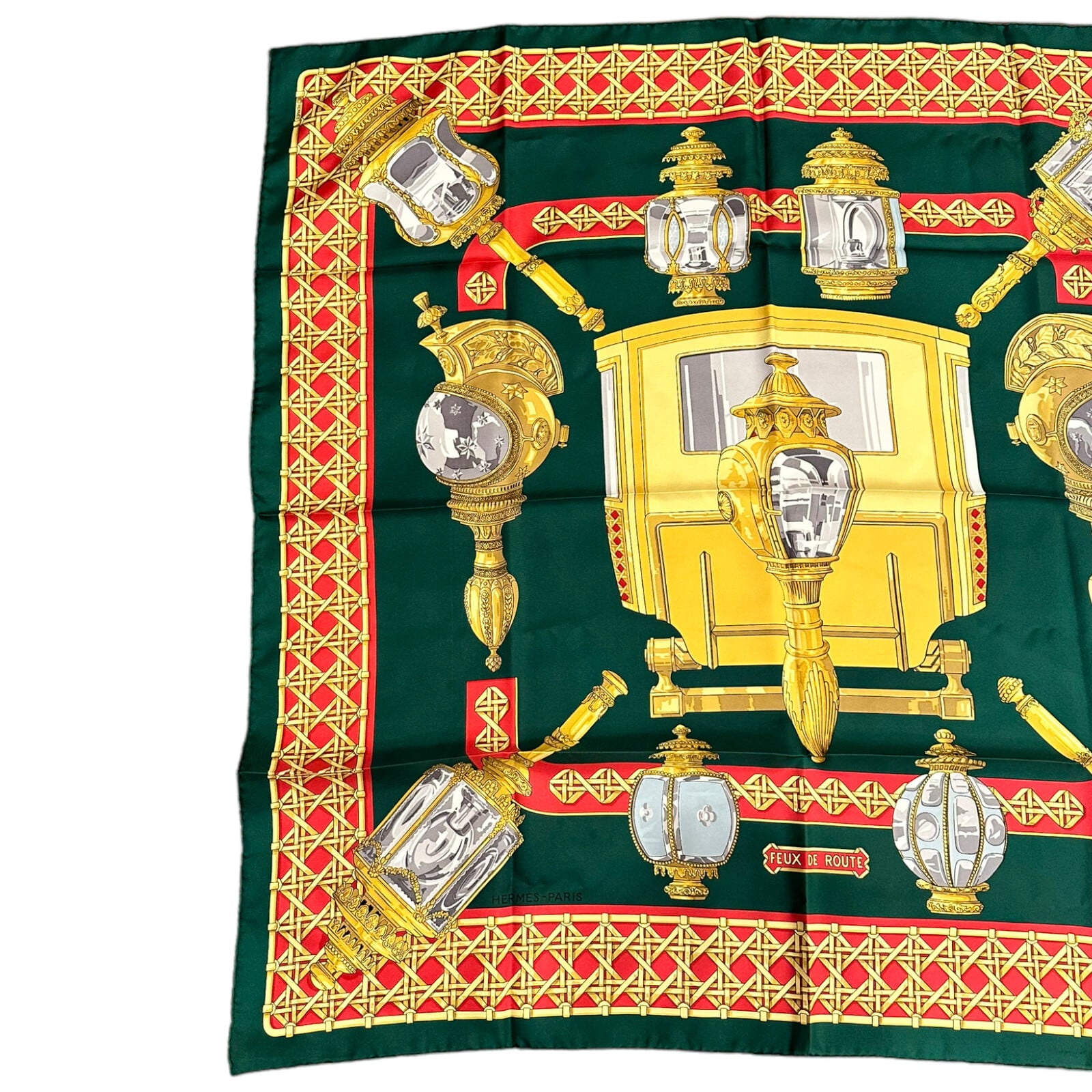 Hermes Clothing, Shoes & Accessories:Women:Women's Accessories:Scarves & Wraps Authentic RARE! Hermes Feux De Route Vintage 90cm Green Red Silk Scarf