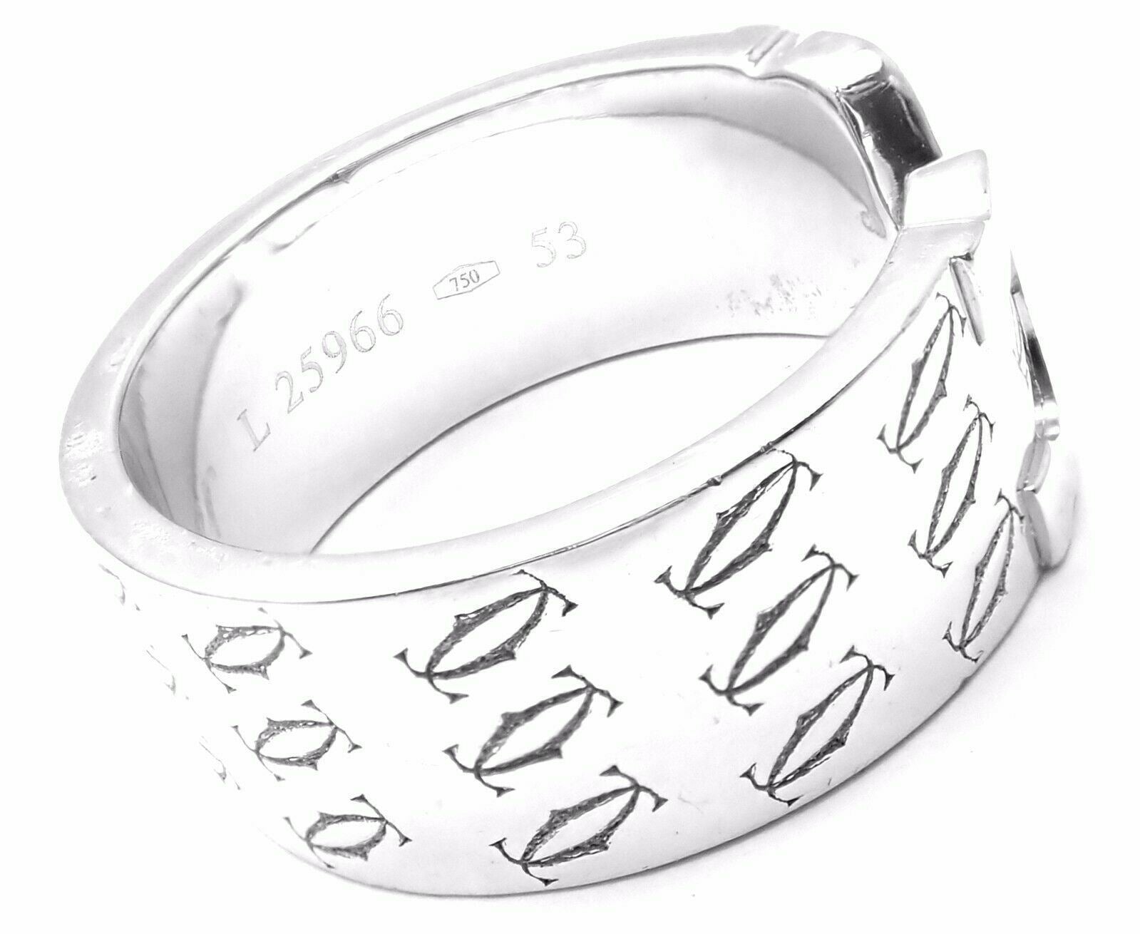 Authentic! Cartier Logo 18k White Gold Double C Motif Monogram Band Ring Sz 6.25 | Fortrove
