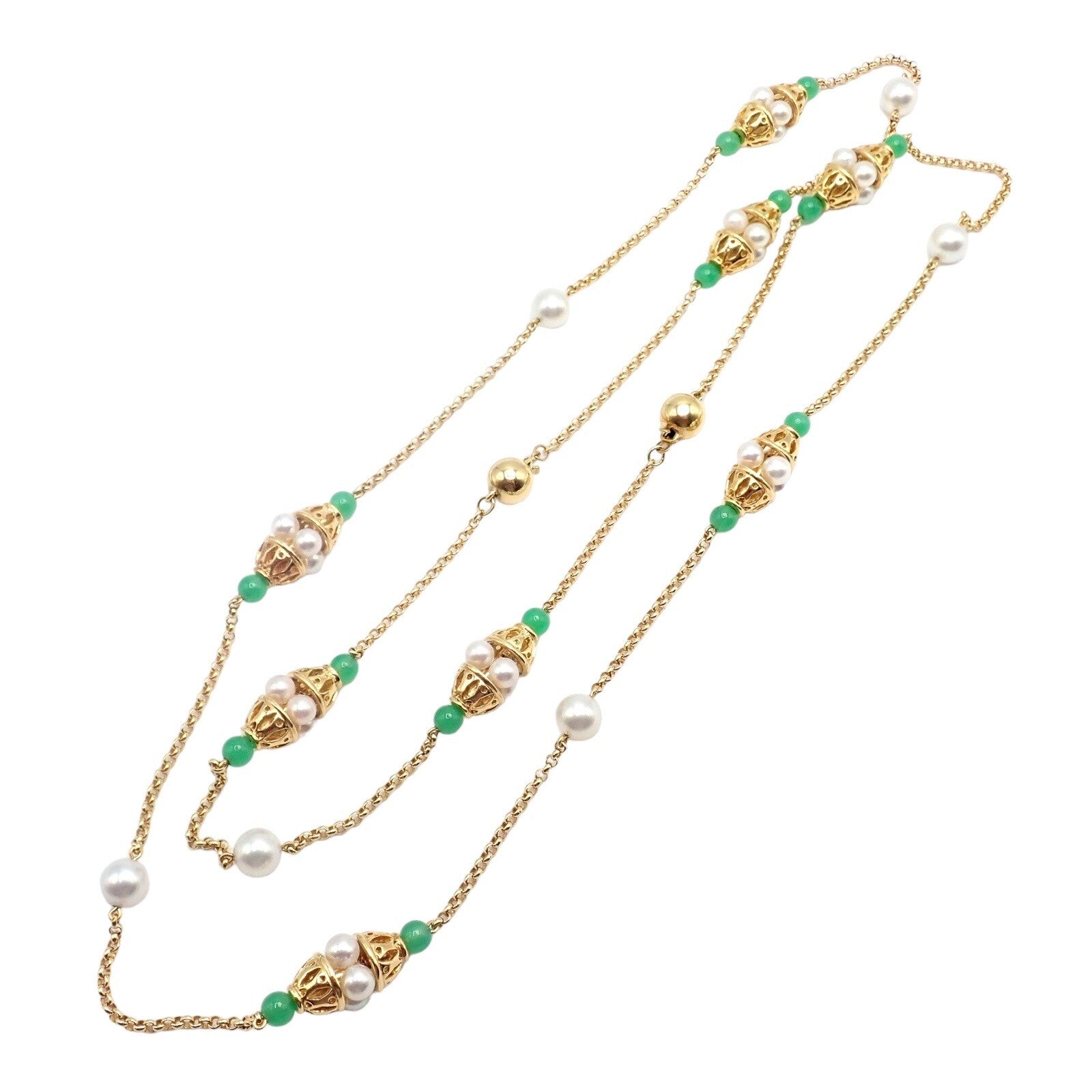 Vintage! Mikimoto 18k Yellow Gold Pearl Chalcedony 32" Long Necklace | Fortrove