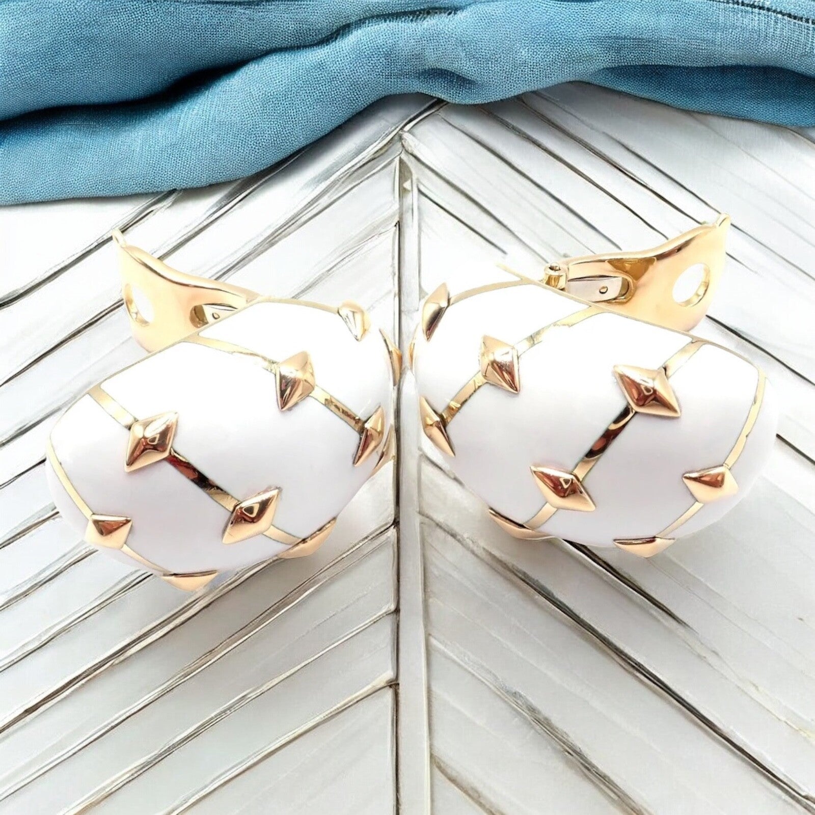 Tiffany & Co Schlumberger Dot Losange 18k Yellow Gold White Enamel Hoop Earrings | Fortrove